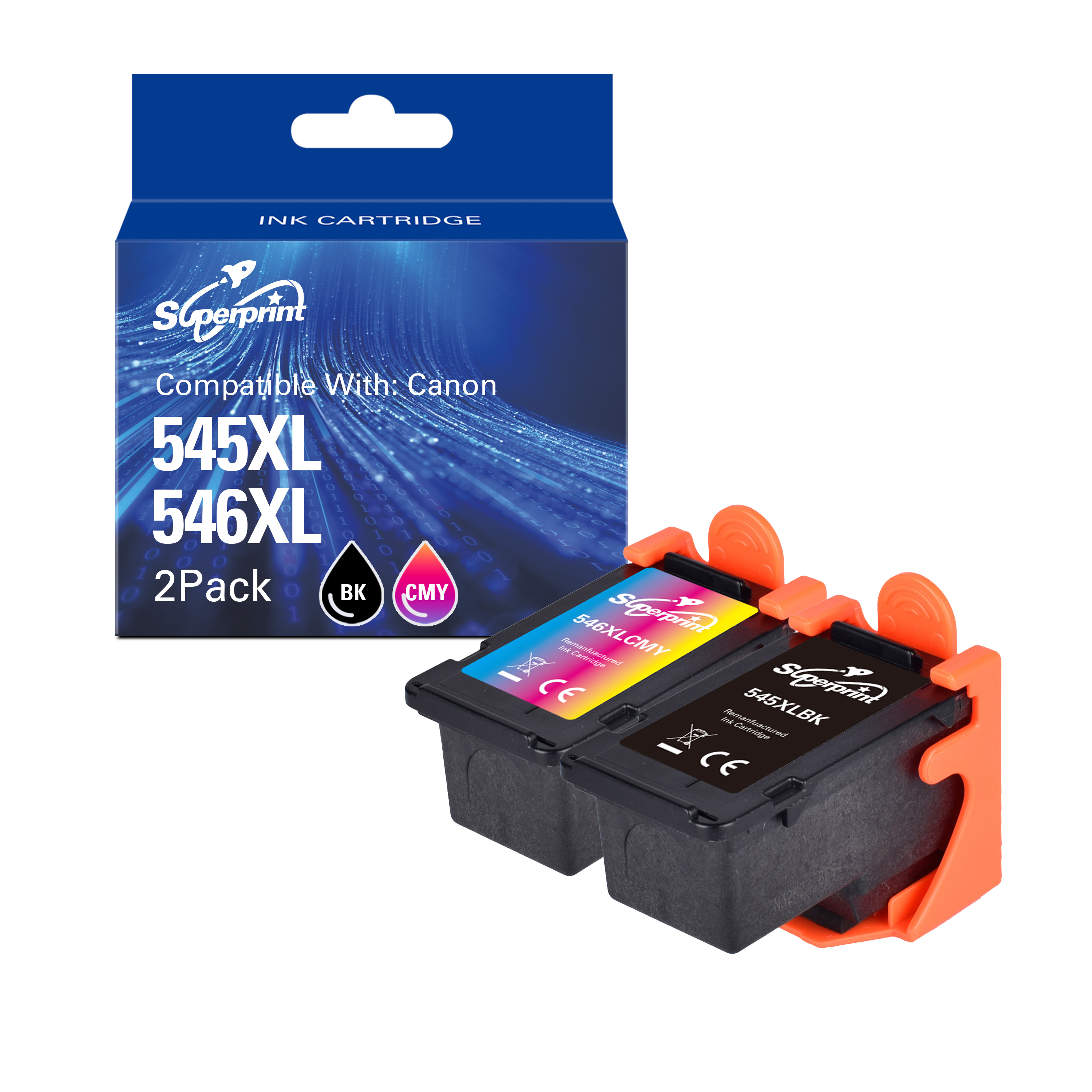 Inktcartridges in een houder en doos. Cartridges zwart en CMY. Doos is blauw.