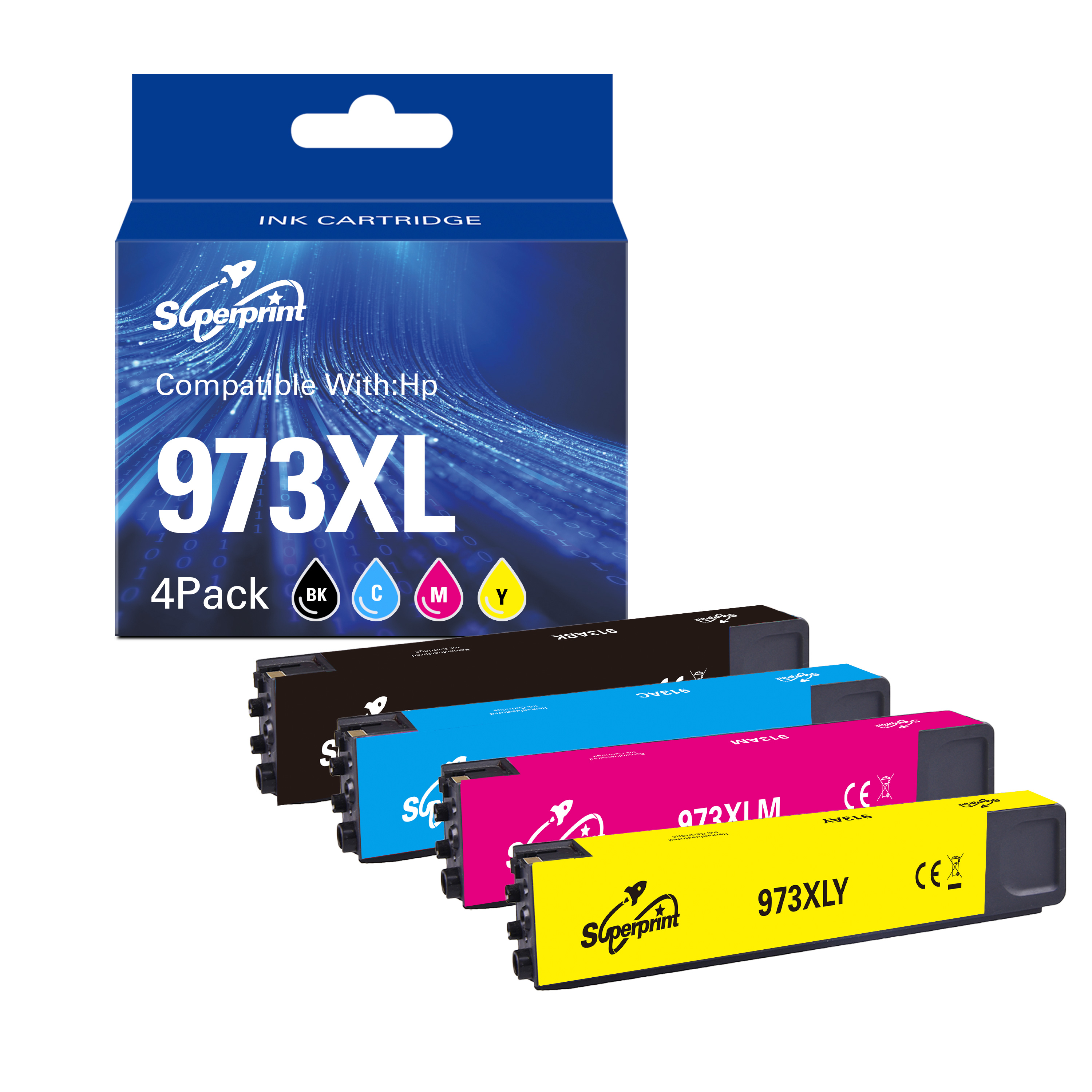 Boîte de cartouches d'encre avec quatre cartouches de différentes couleurs, compatibles avec HP.