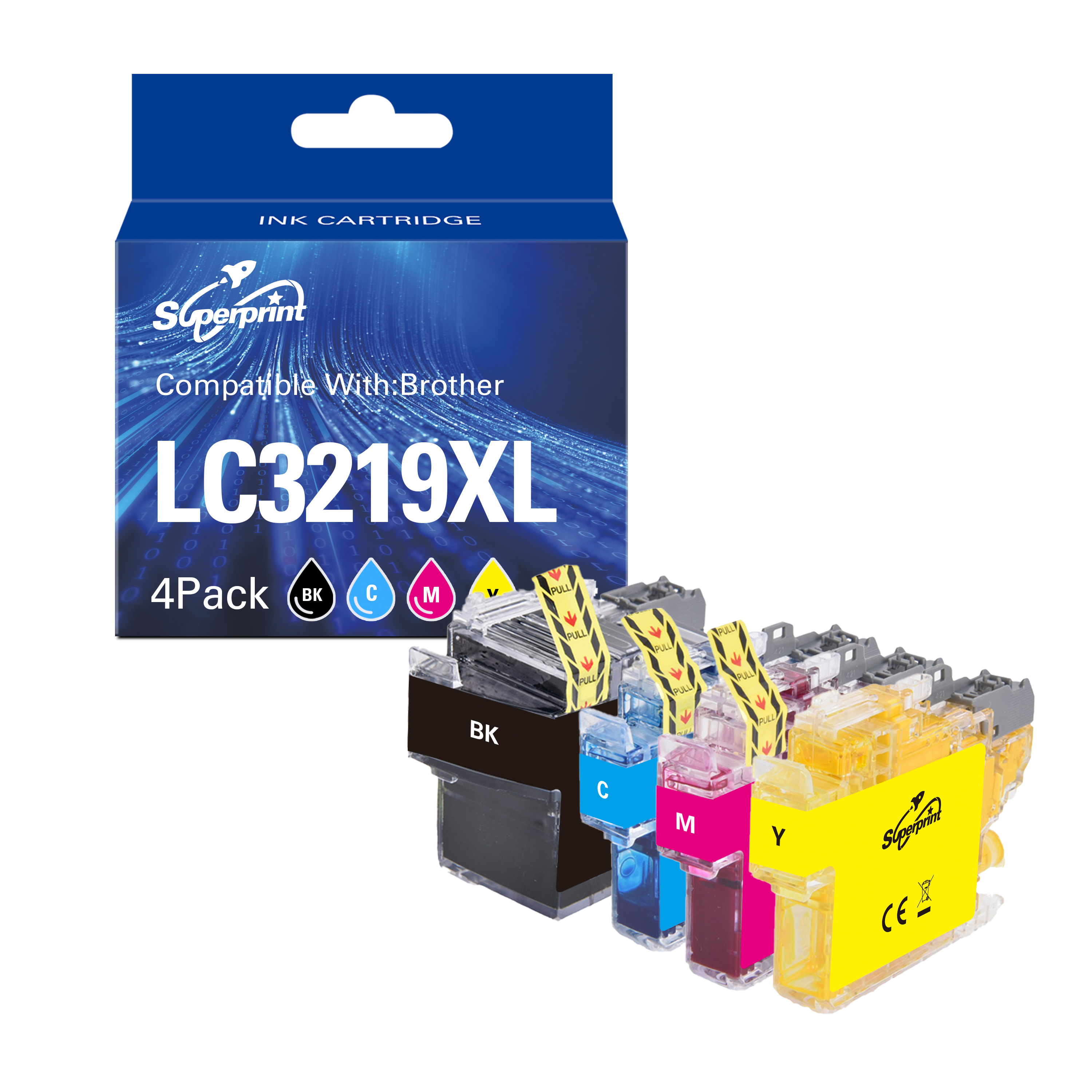 Vier printerinktcartridges in een doos. Zwart, cyaan, magenta en geel.
