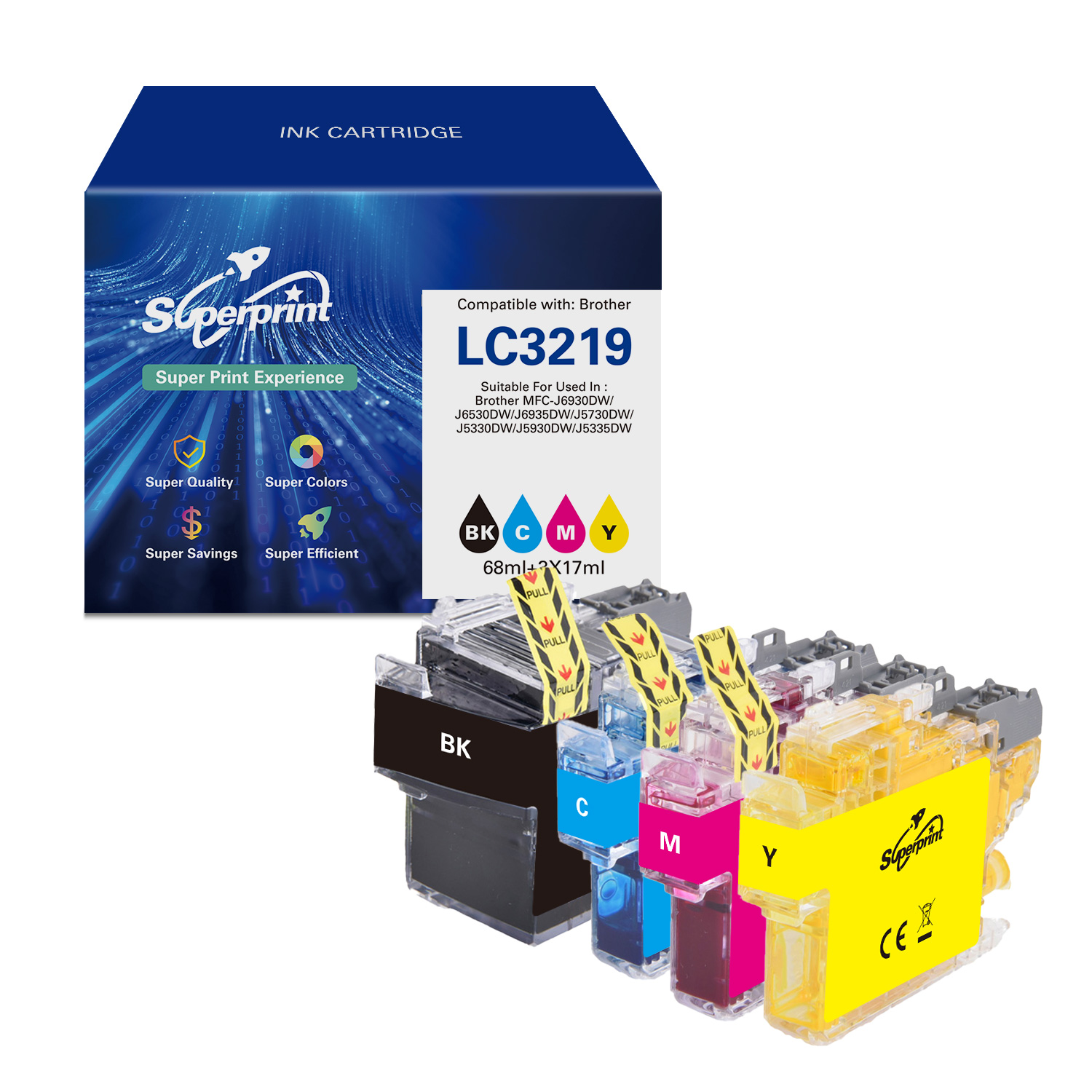 Inktcartridges in meerdere kleuren. Op de doos staat Superprint en Inktcartridge.