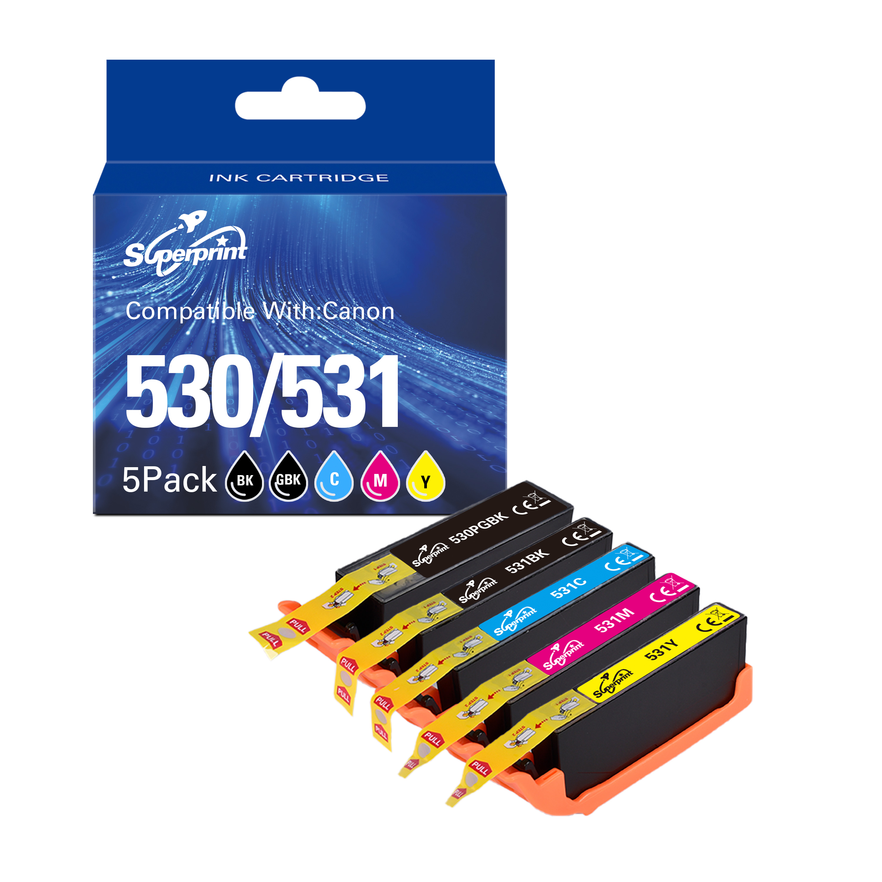 Een doos met inktcartridges. Er worden vijf cartridges in verschillende kleuren weergegeven.