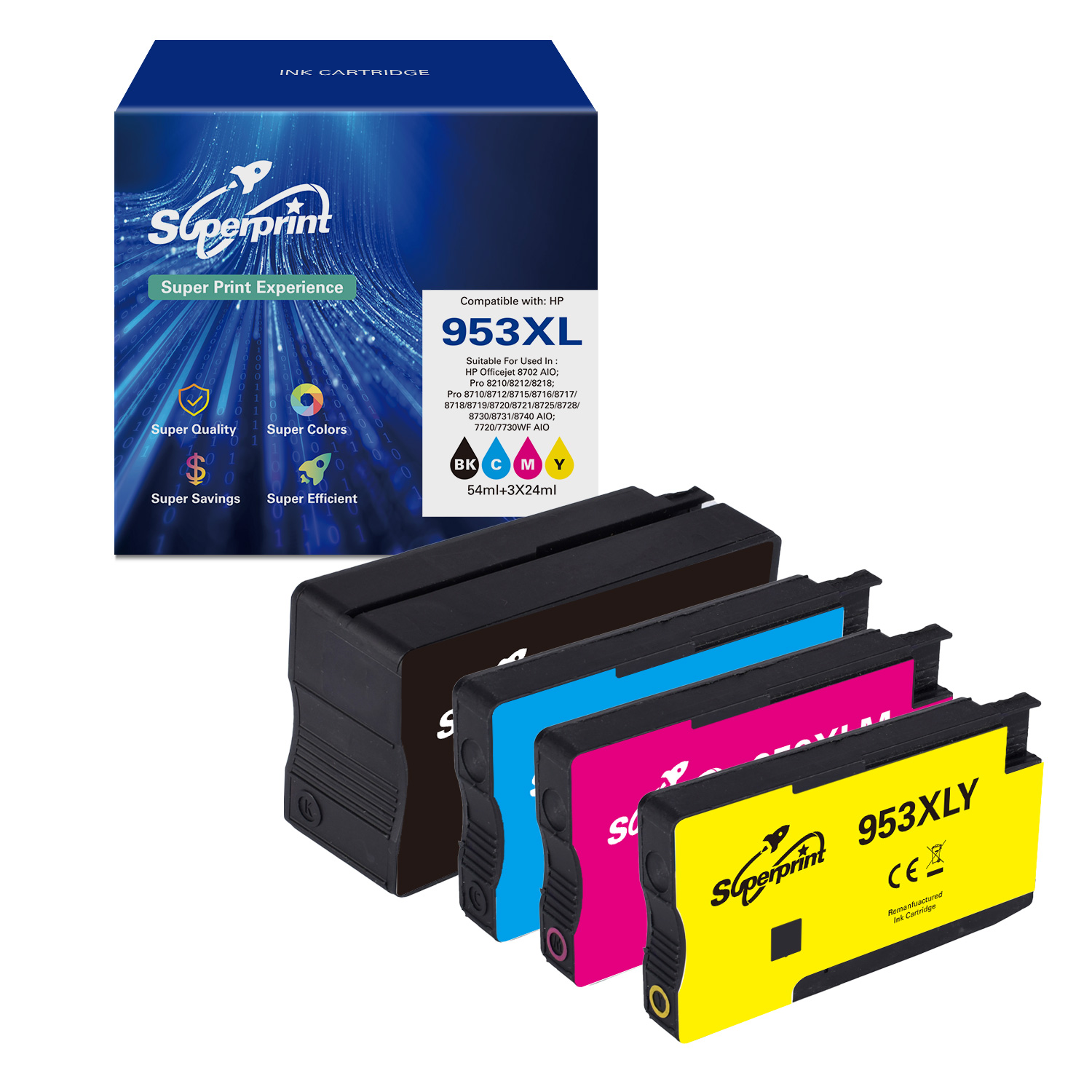 Inktcartridges met een doos met het label "Superprint" en kleurlabels.