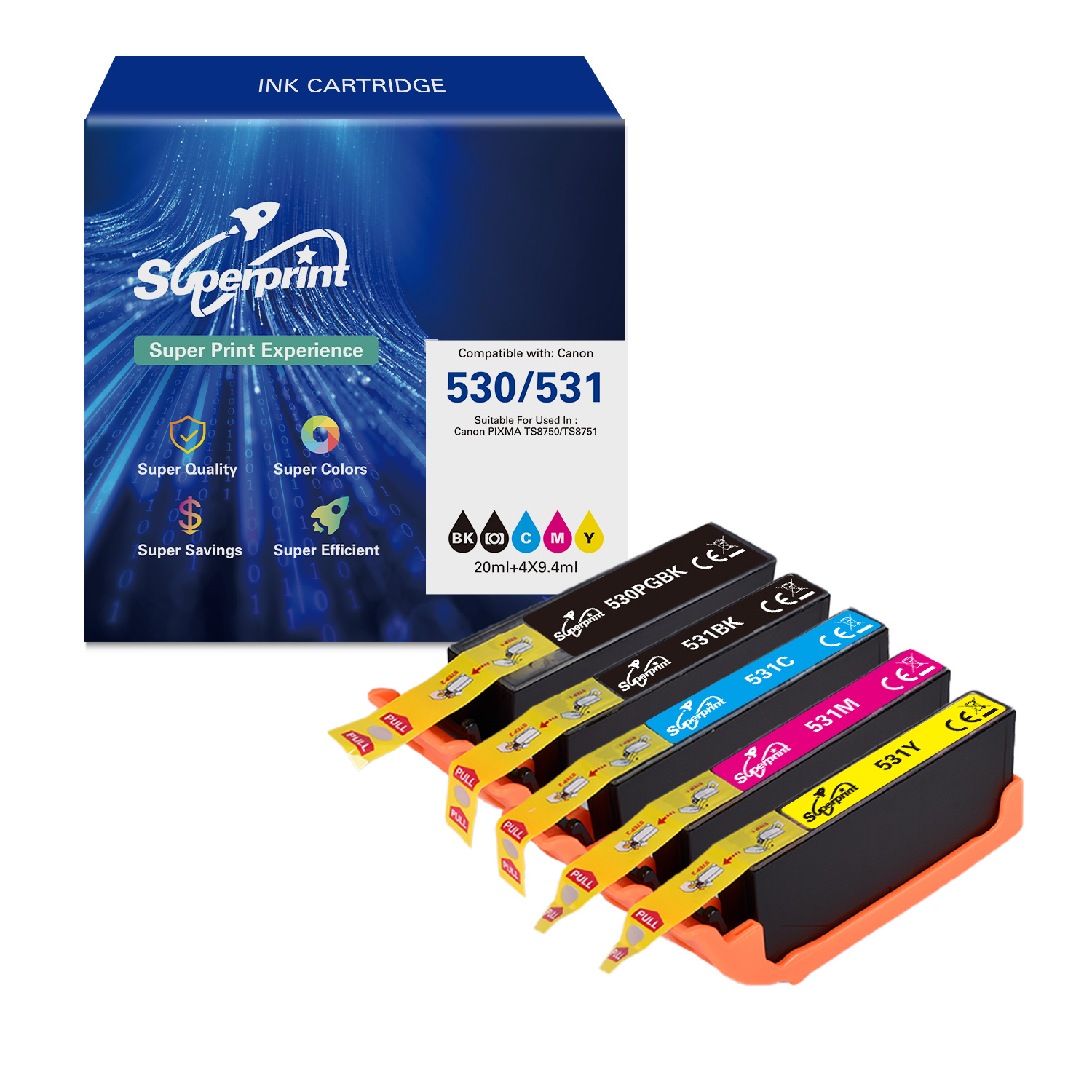Doos met inktcartridges van Superprint en cartridges in een tray.
