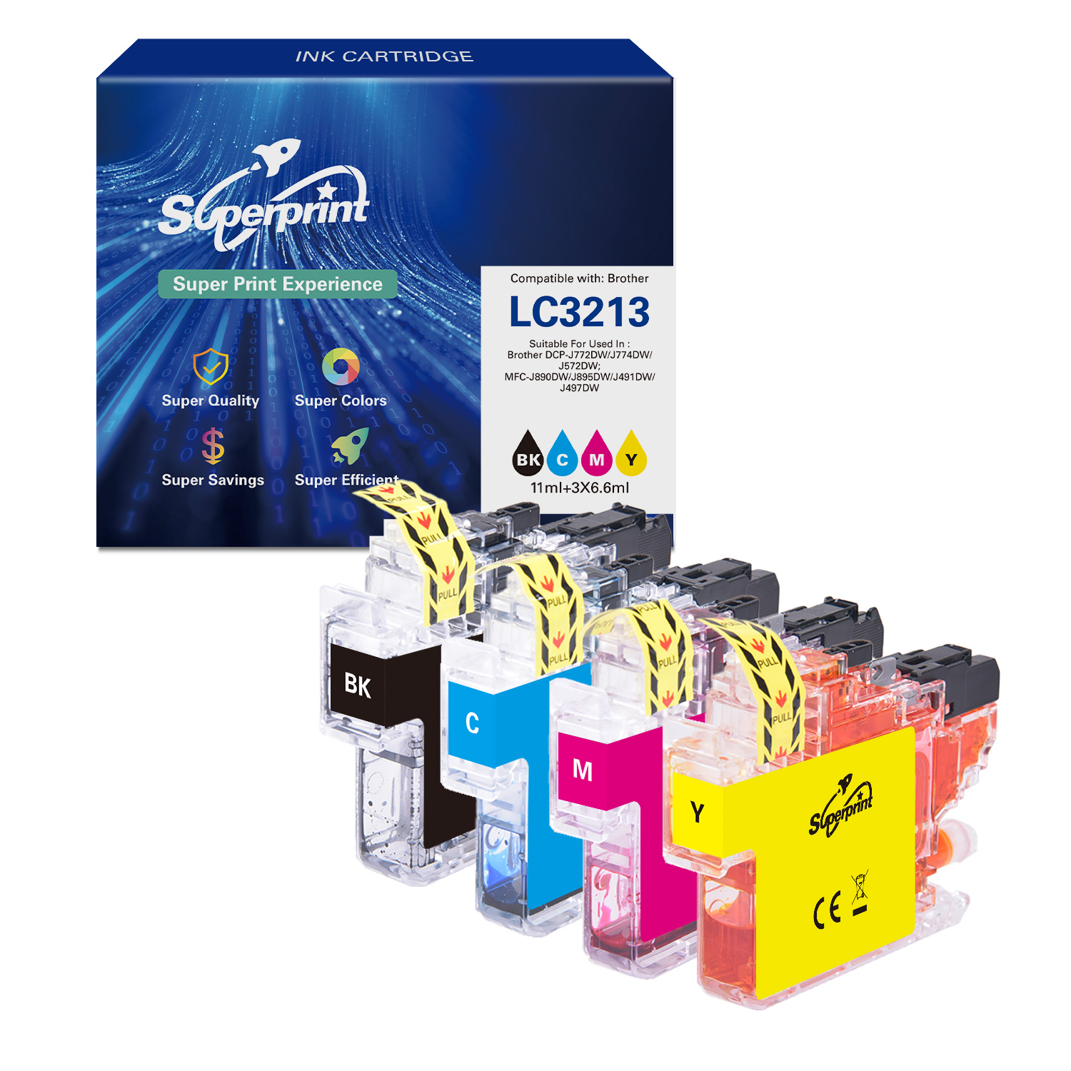 Tintenpatronen in Gelb, Cyan, Magenta und Schwarz, mit einer Box im Hintergrund.