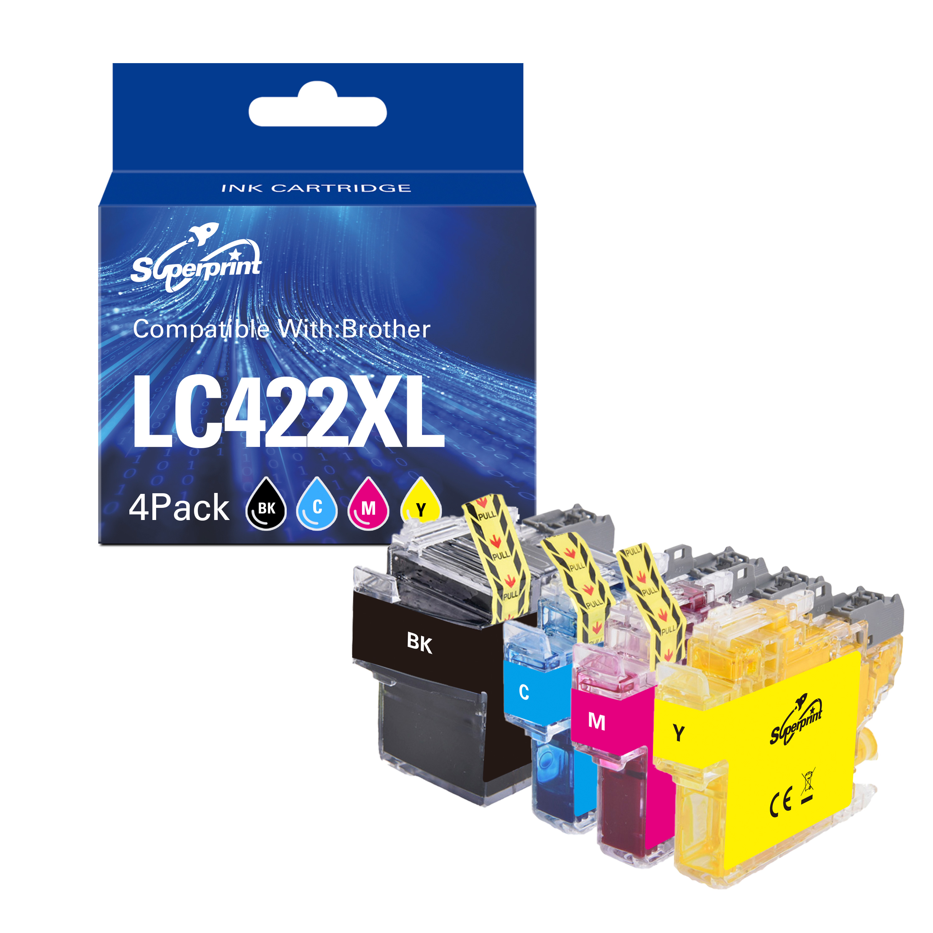 Inktcartridgebox met vier inktcartridges. Elke cartridge heeft een andere kleur. De doos is blauw.