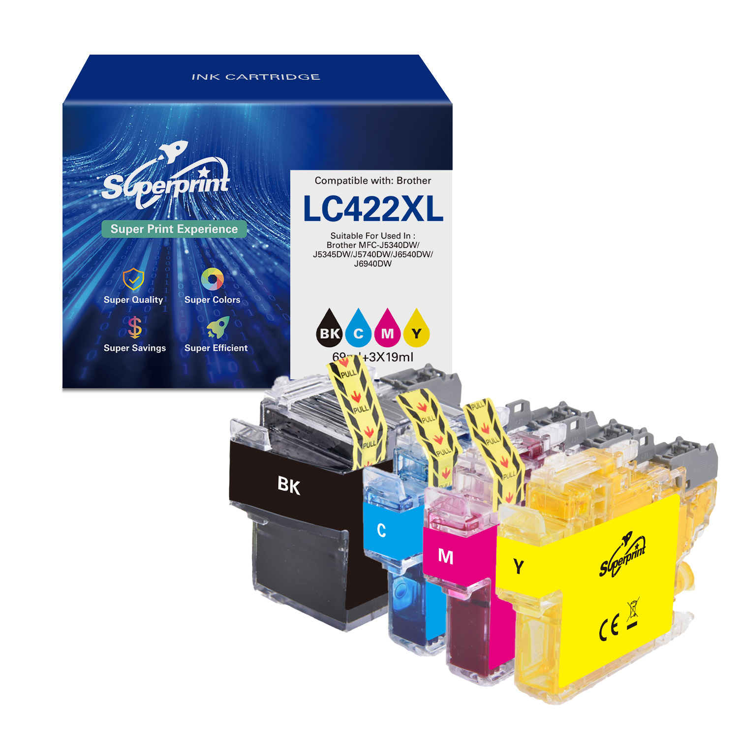 Inktcartridgebox met meerdere inktcartridges. De cartridges zijn zwart, cyaan, magenta en geel.