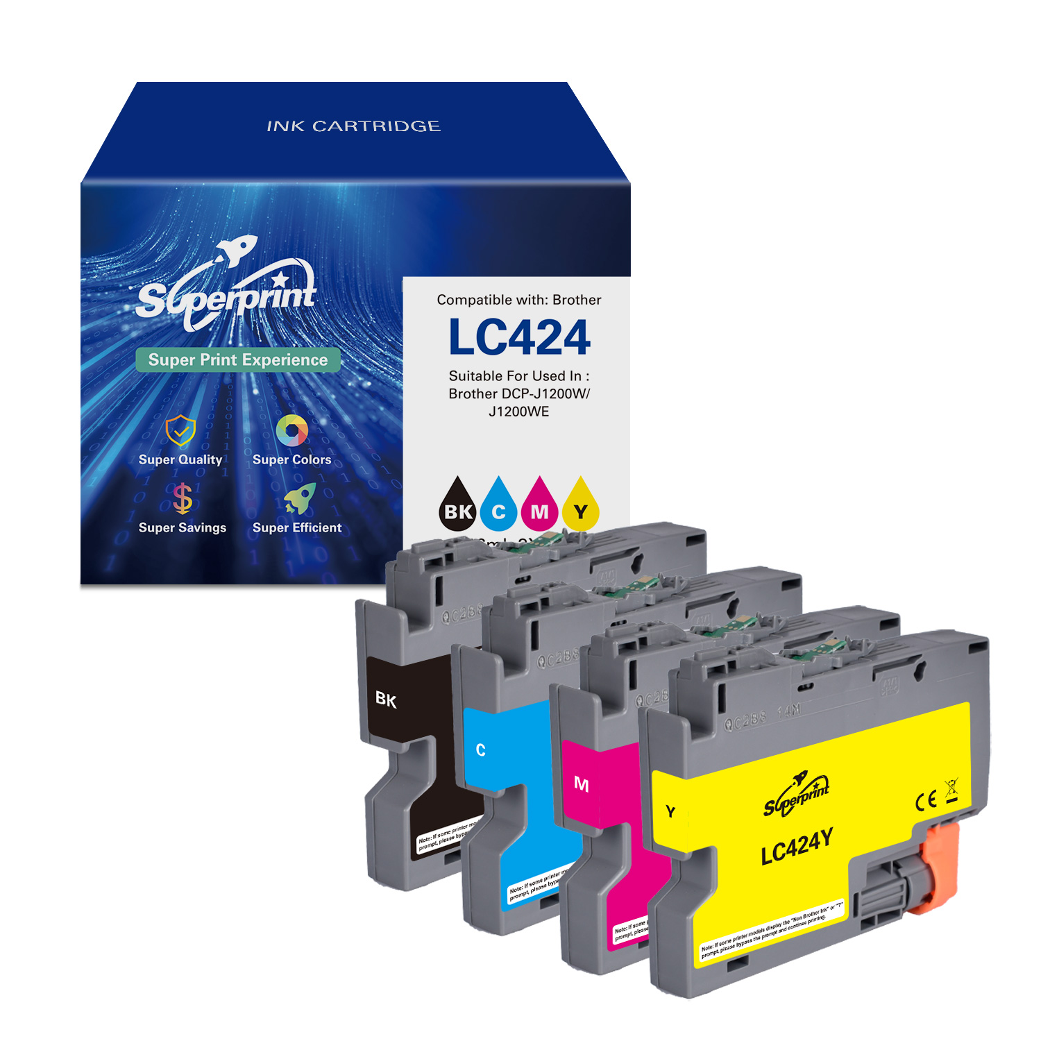 Vier Tintenpatronen mit einer blau-weißen Superprint-Box. Die Patronen sind schwarz, cyan, magenta und gelb.