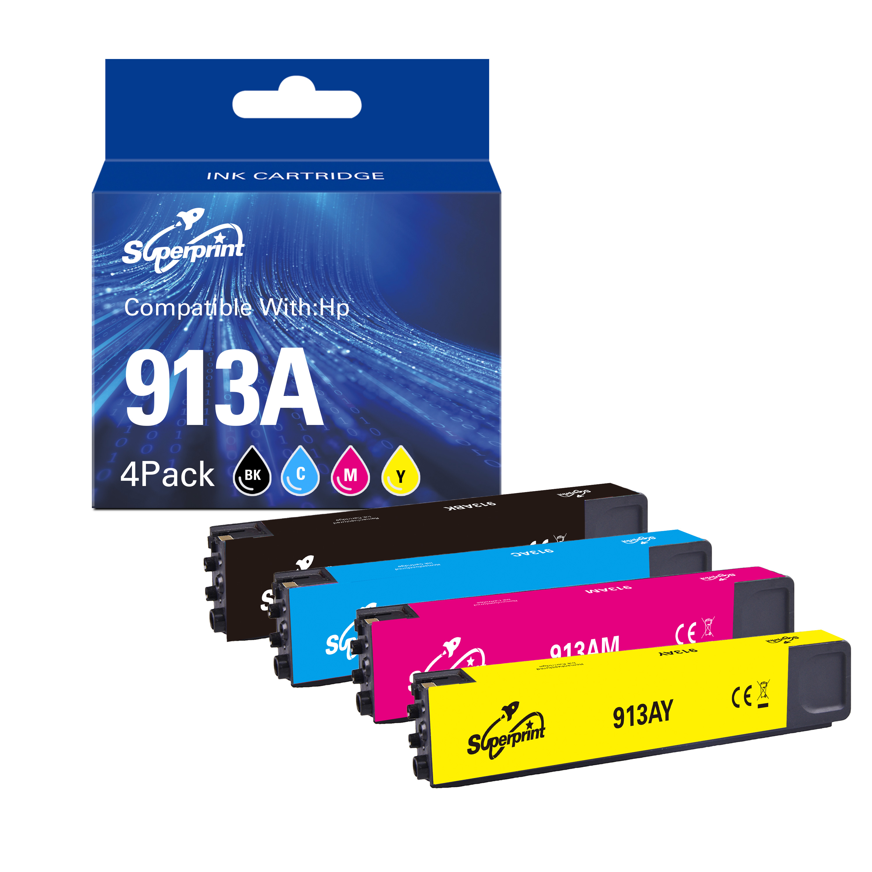 Une boîte de cartouches d'encre avec quatre cartouches en noir, cyan, magenta et jaune.