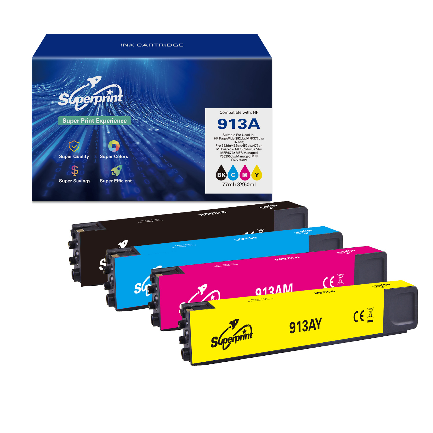 Cartouches d'encre en noir, cyan, magenta et jaune. La boîte dit Superprint, Super Print Experience, Super Quality.