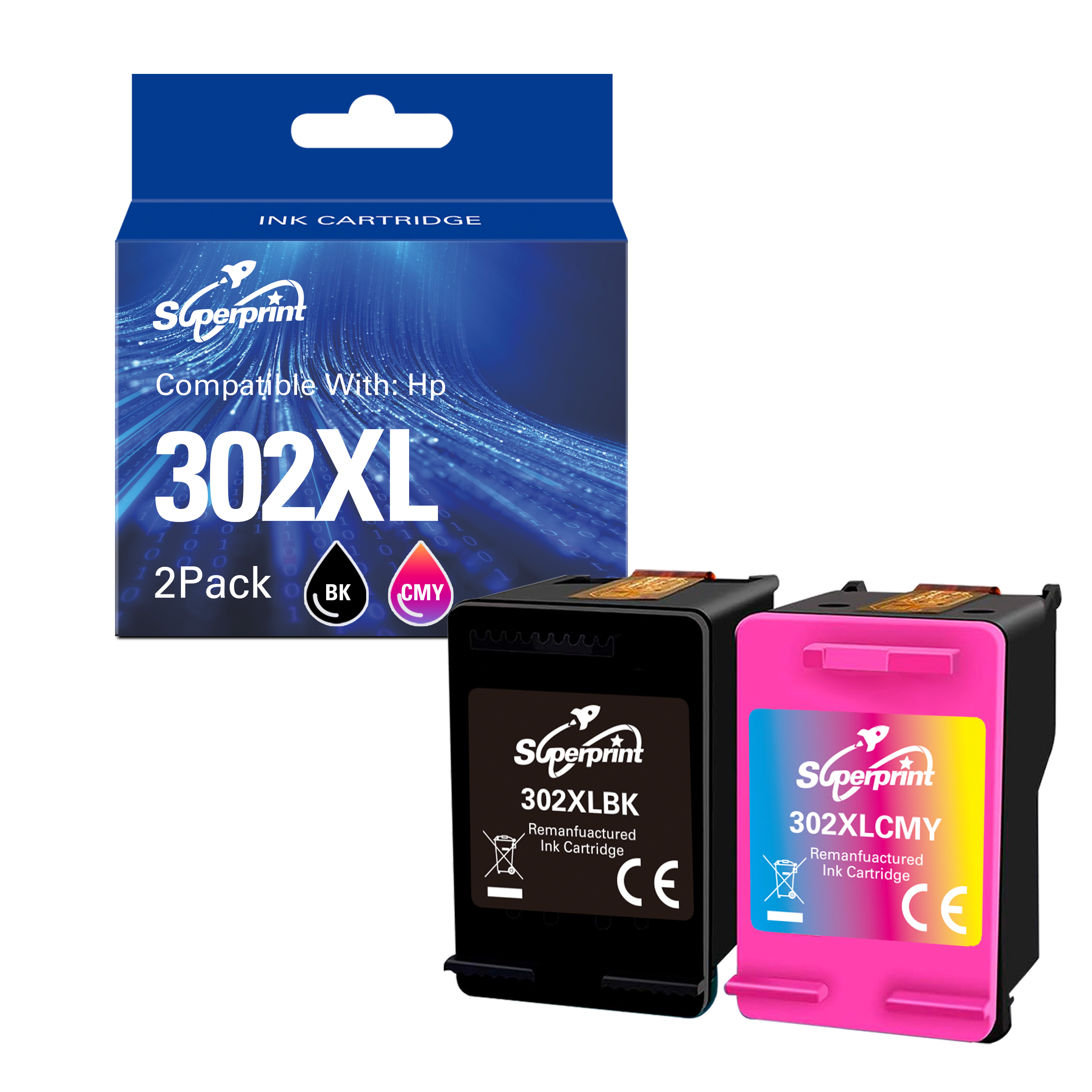 Twee inktcartridges, zwart en roze, met een doos op de achtergrond.