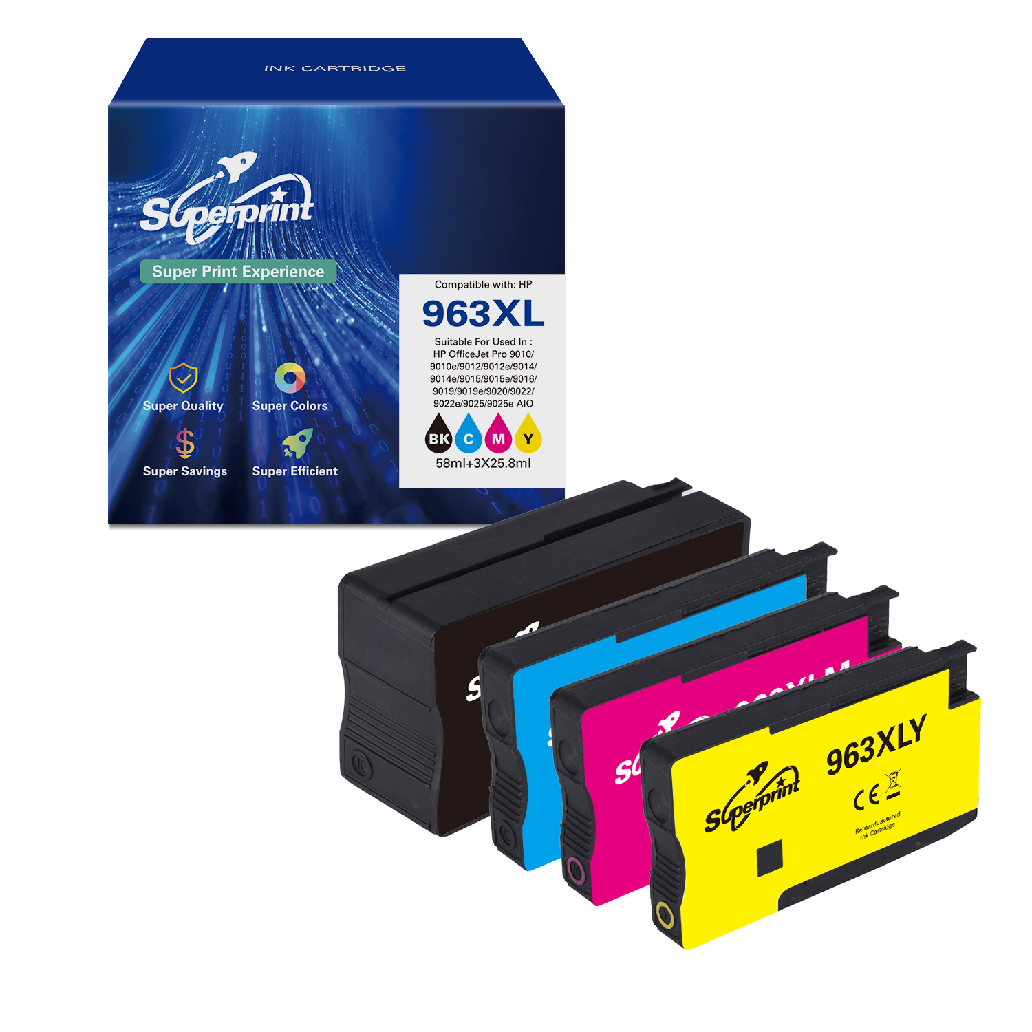 Jeu de cartouches d'encre, avec une boîte et quatre cartouches étiquetées Superprint et 963XL.
