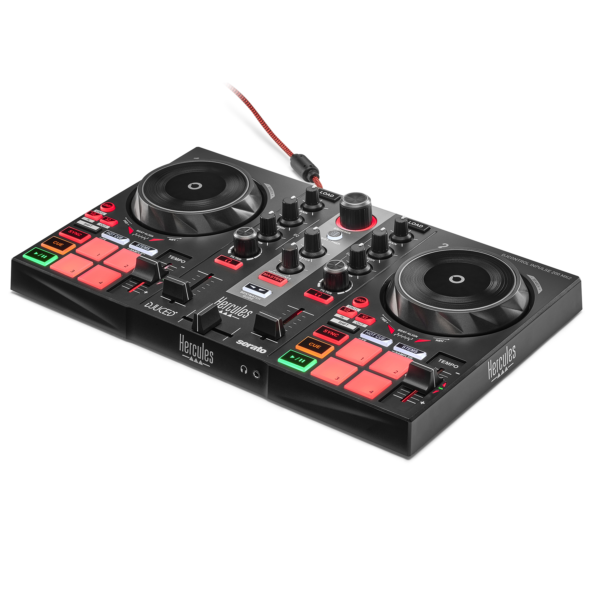 Controlador de DJ negro con dos cubiertas, botones rojos y un cable rojo y negro.