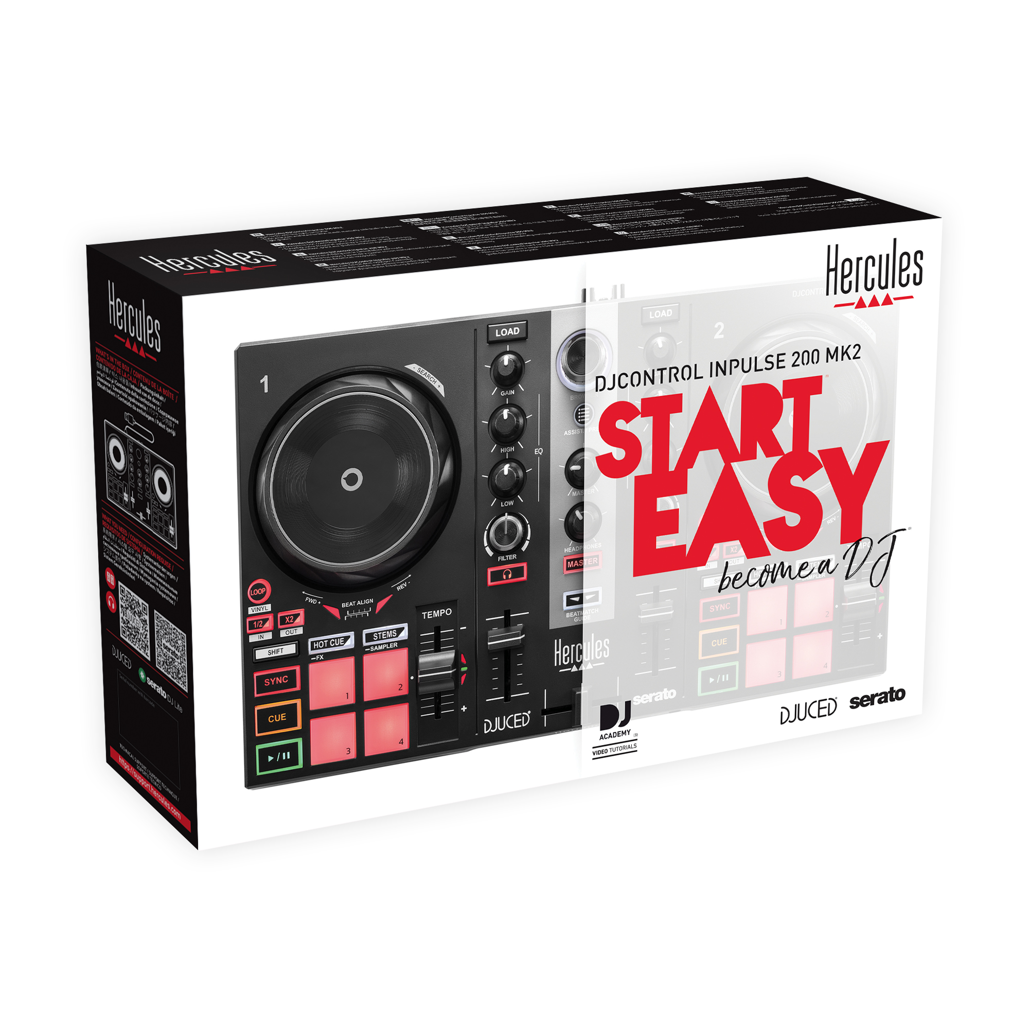 Caja de controlador de DJ con texto: "START EASY become a DJ" y "DJCONTROL IMPULSE 200 MK2".