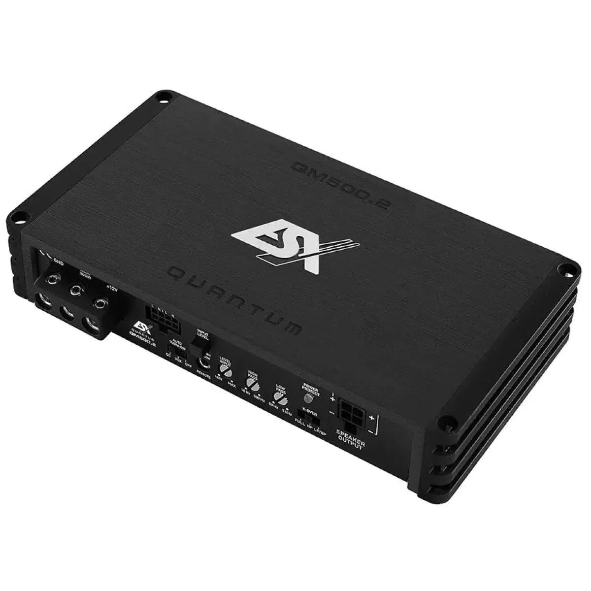 Ein schwarzer Audioverstärker mit Beschriftungen und Anschlüssen. Der Text darauf lautet GM500.2 und QUANTUM.