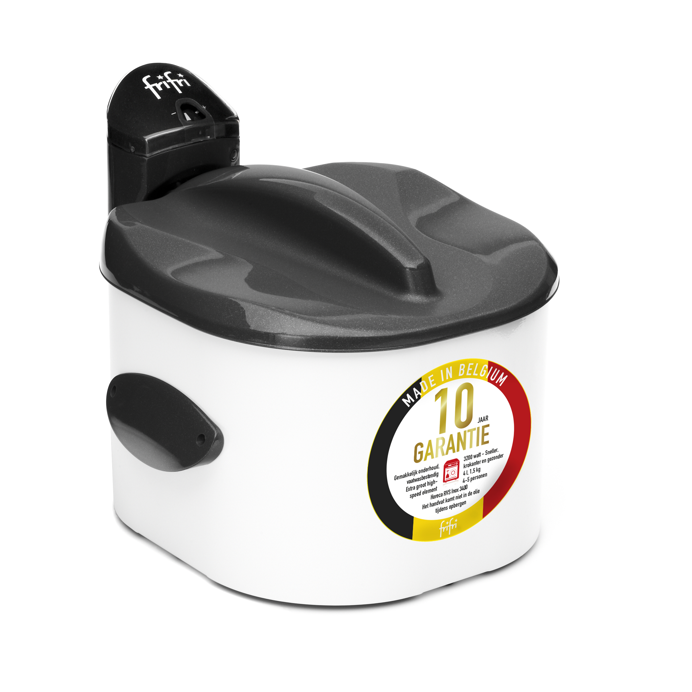 Een witte en zwarte friteuse met 'Made in Belgium' tekst en een 10-jarige garantiebadge.