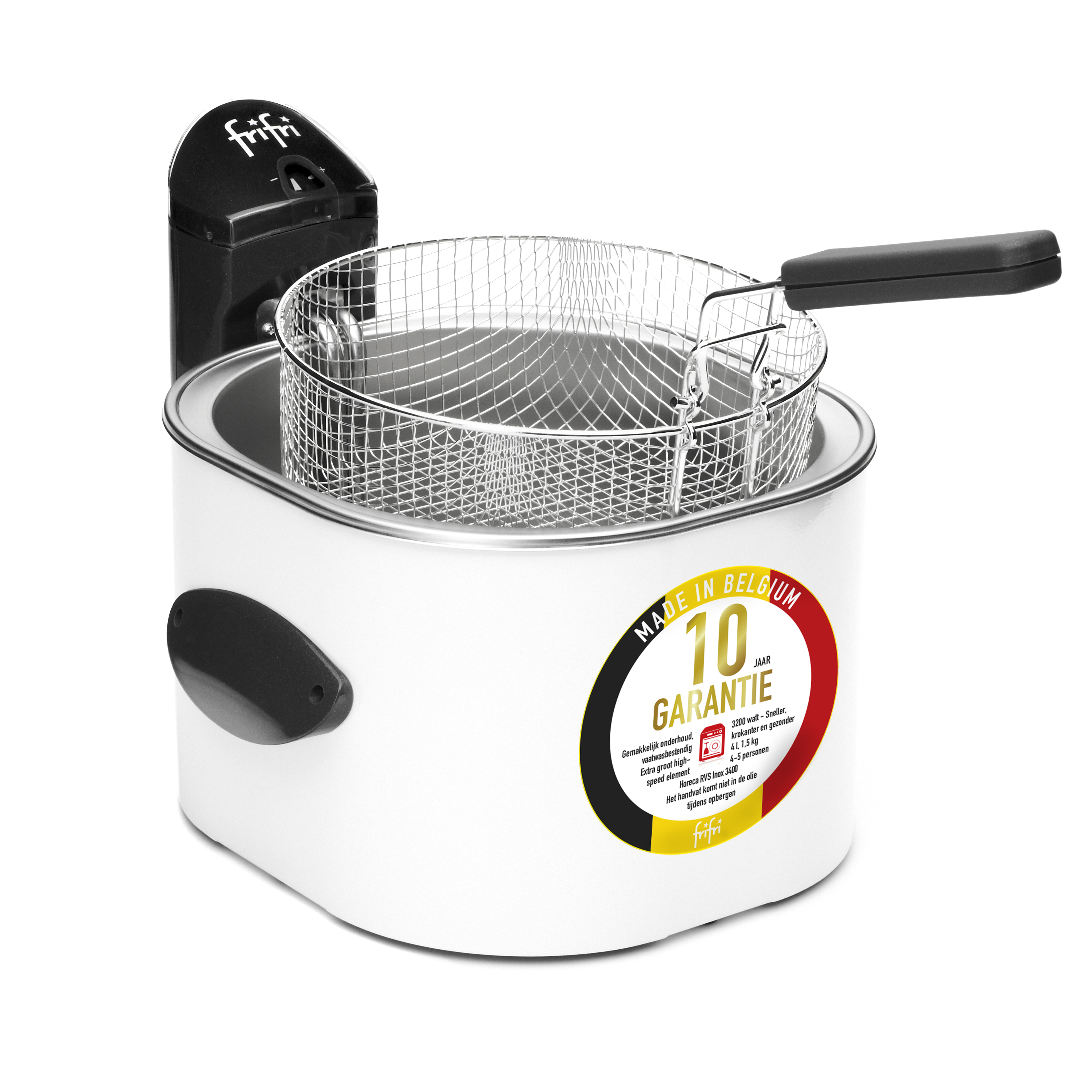 Witte friteuse met een frituurmand, zwarte handgreep en een label met de tekst, Made in Belgium.