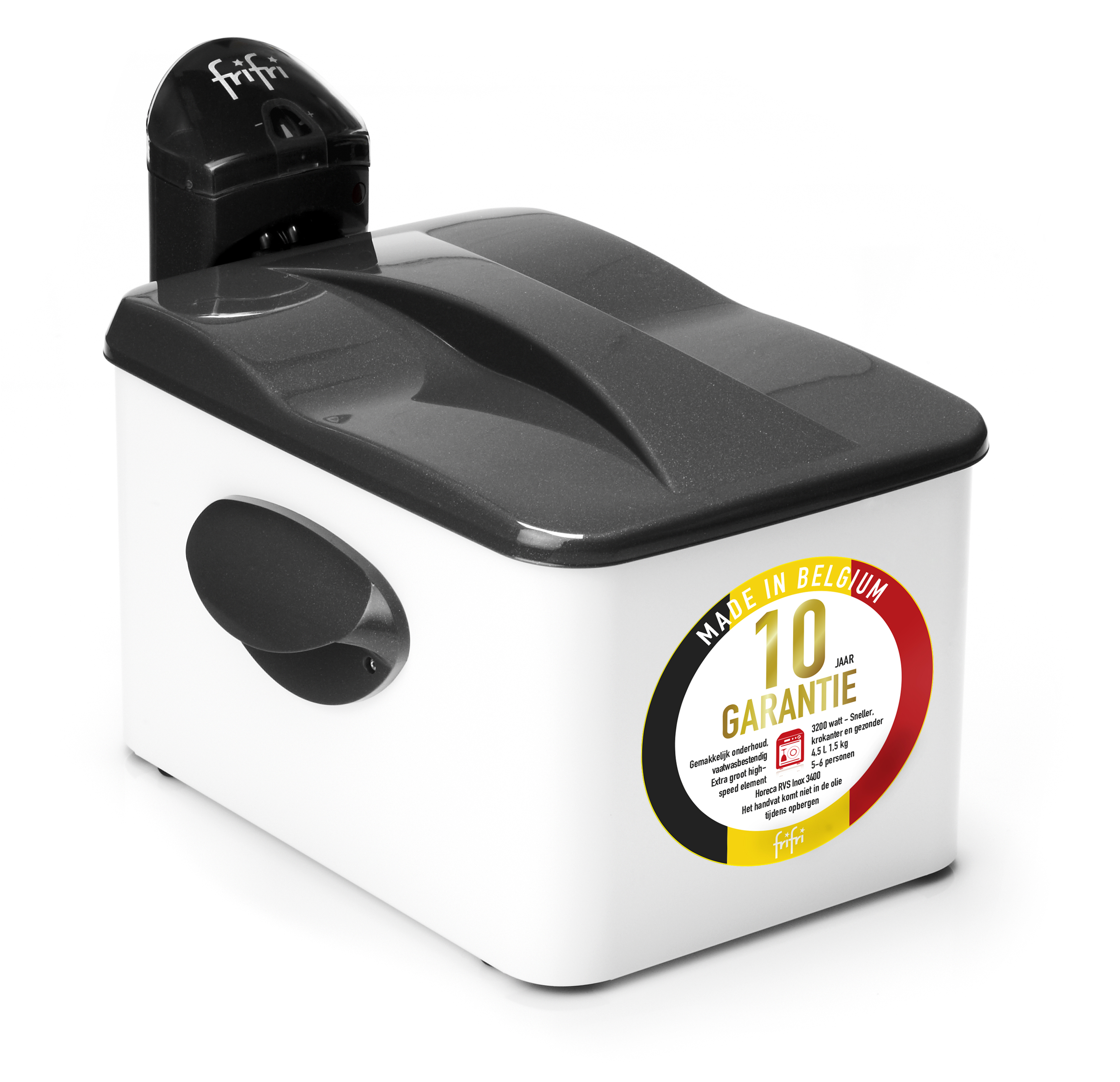 Friteuse blanche et grise avec un couvercle noir. L'étiquette indique 'Made in Belgium'.