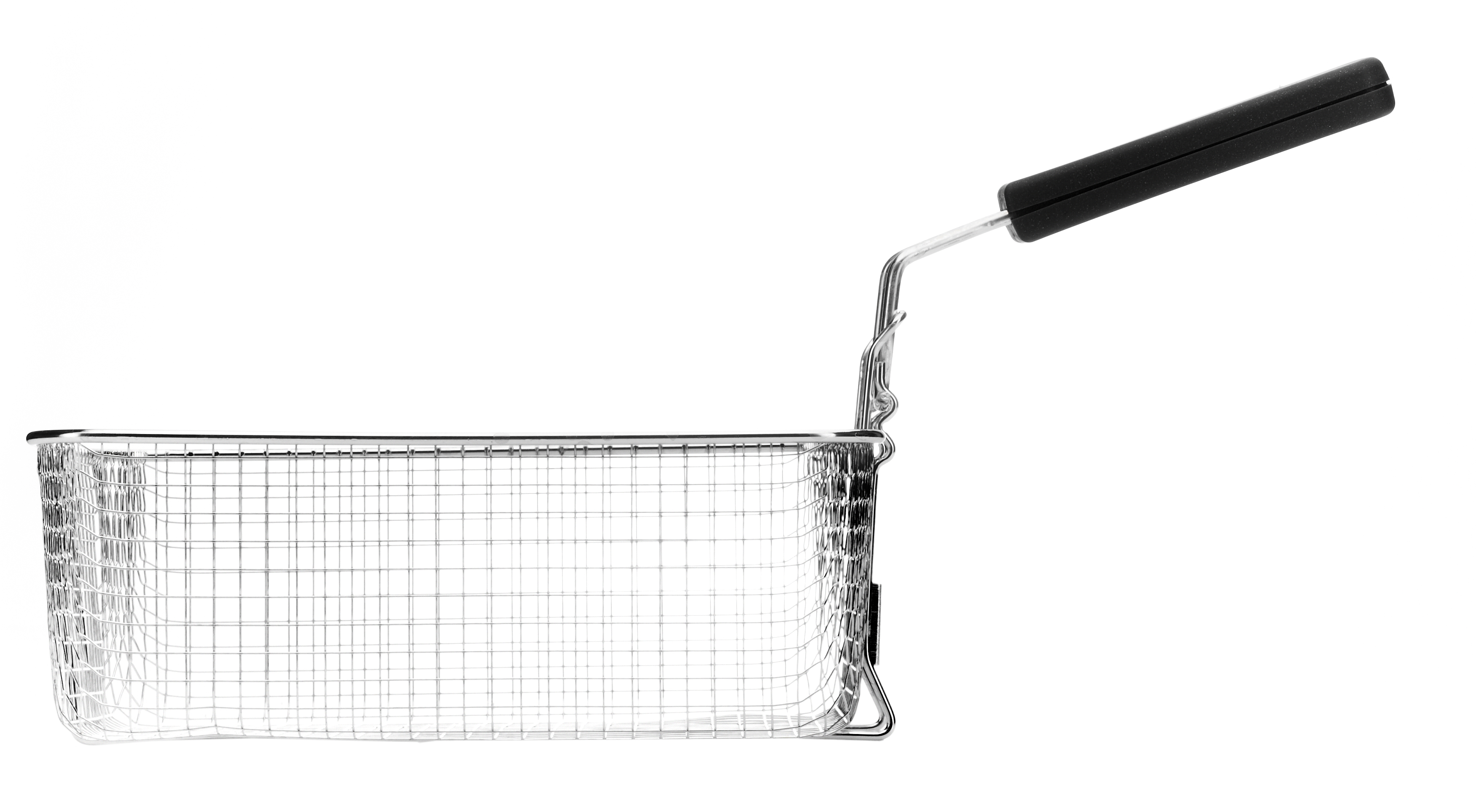 A metal wire basket with a handle, isolated on white.