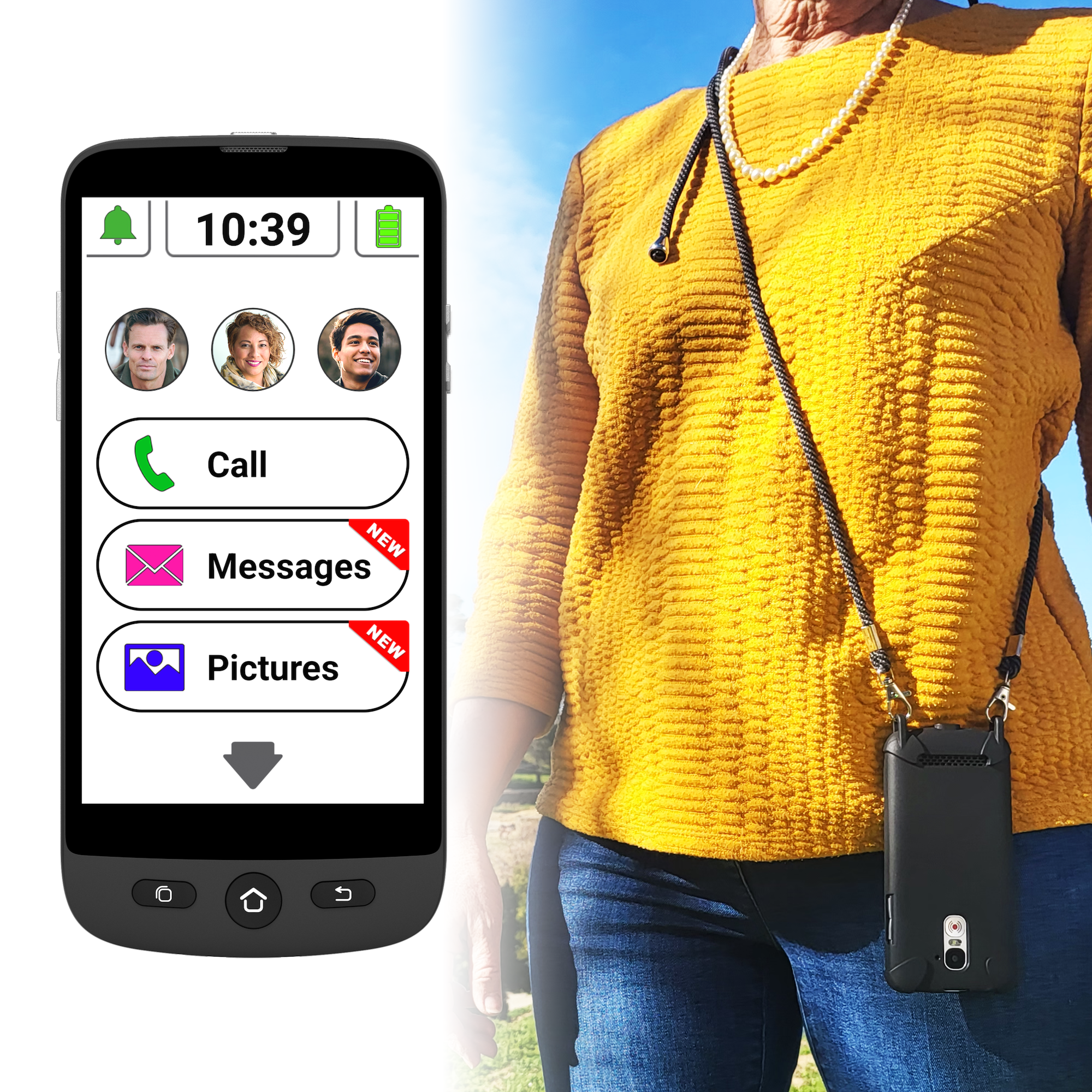 Kobieta z telefonem na naszyjniku. Interfejs telefonu pokazuje układ połączeń i wiadomości.