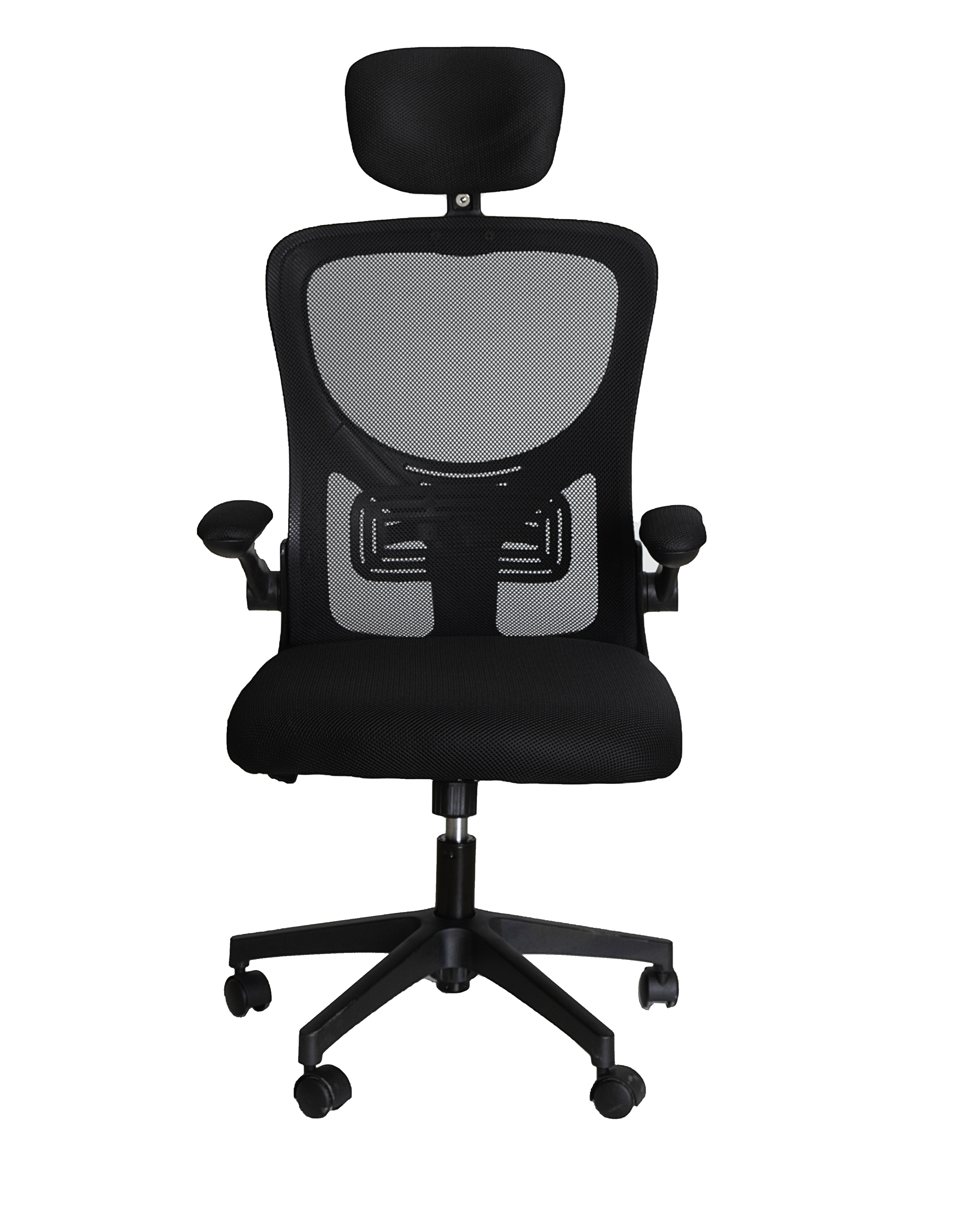 Silla de oficina de malla negra con reposacabezas, reposabrazos y ruedas, fondo blanco.