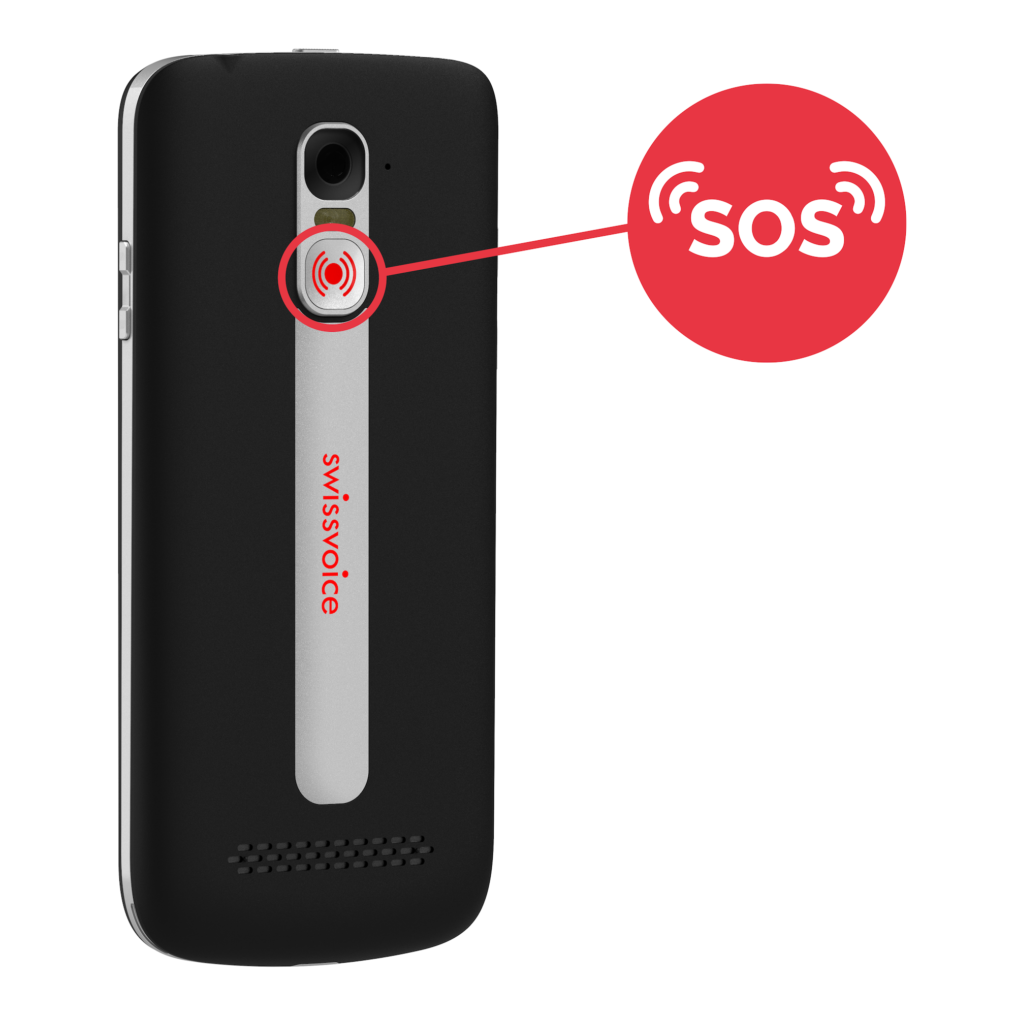 Czarny telefon z przyciskiem SOS. Czerwone koło z tekstem "SOS" obok telefonu. Logo Swissvoice.