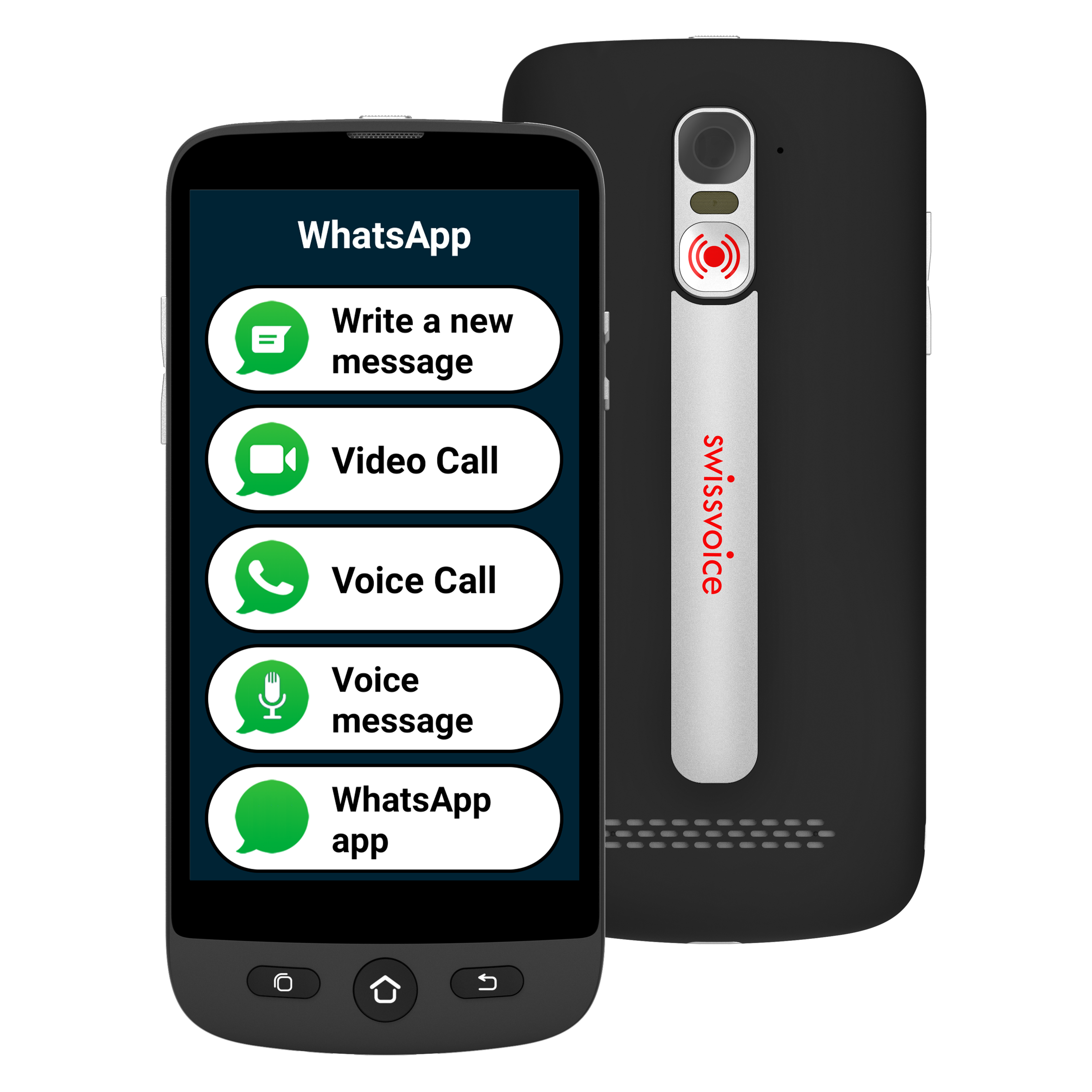 Czarny smartfon z wyświetlonym ekranem WhatsApp. Pokazano drugi telefon. Białe tło.