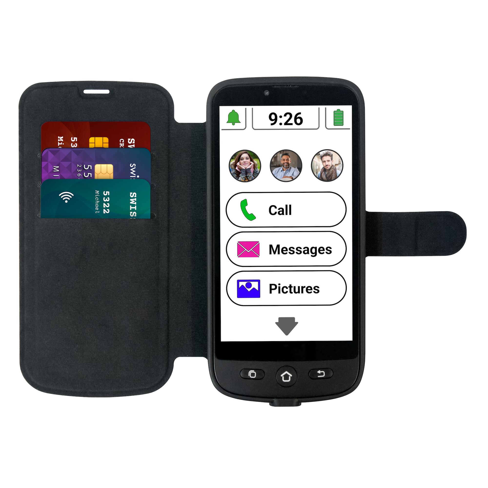 Open telefoonhoes met kaarten, een telefoonscherm met bel-, berichten- en afbeeldingspictogrammen.