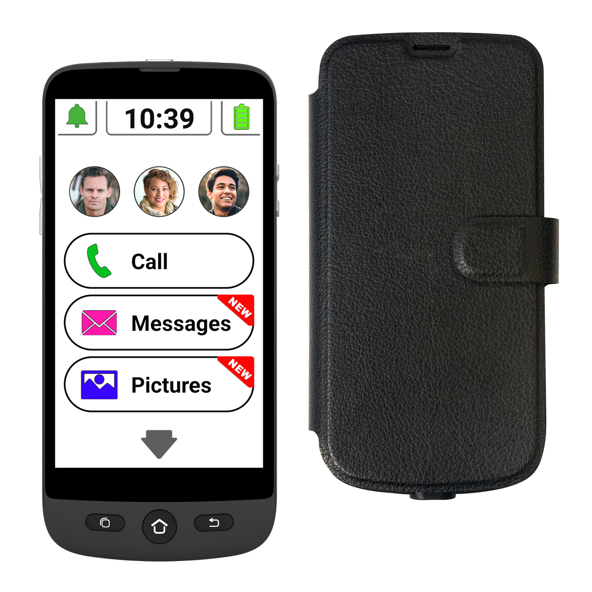Een grote knoppen telefoon toont de tijd en iconen voor oproepen, berichten en afbeeldingen, met een zwarte case.