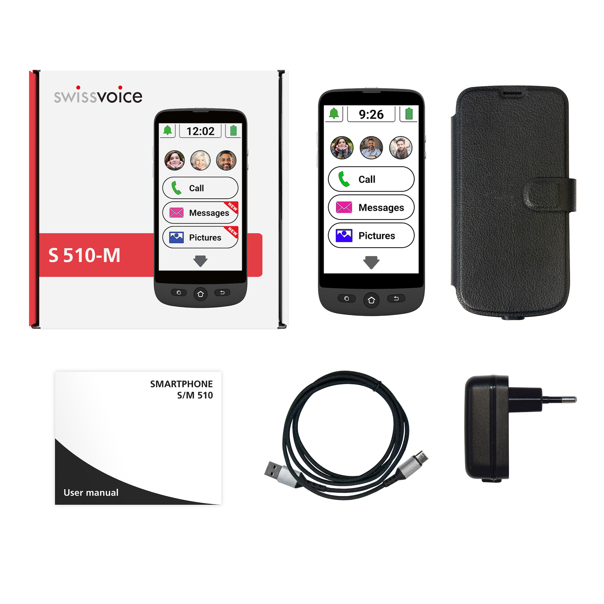 Smartphone in doos, met oplader, kabel en gebruikershandleiding. Telefoon toont interface.