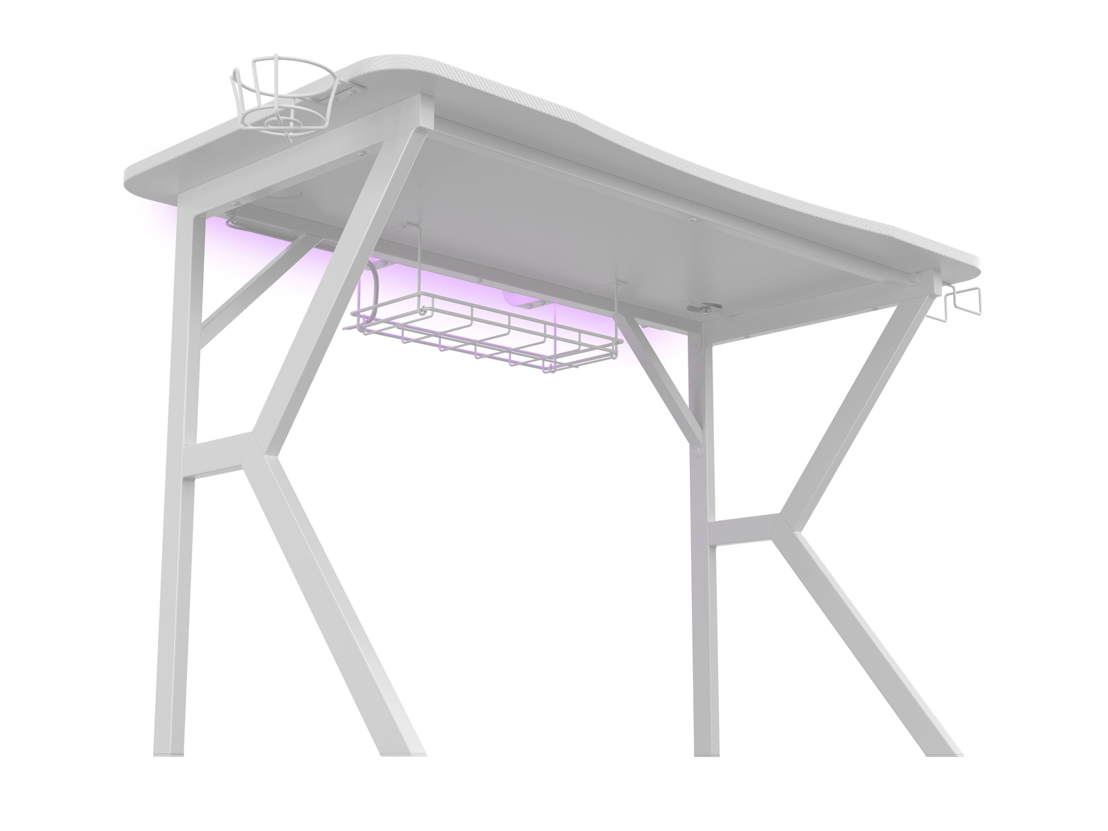Witte gametafel met accessoires. Roze LED-verlichting onder de tafel.