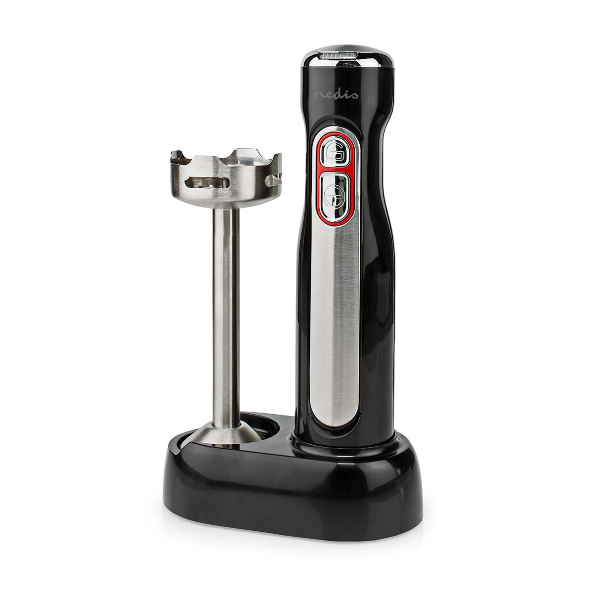 Czarny blender ręczny ze stojakiem i końcówką z ostrzem ze stali nierdzewnej.