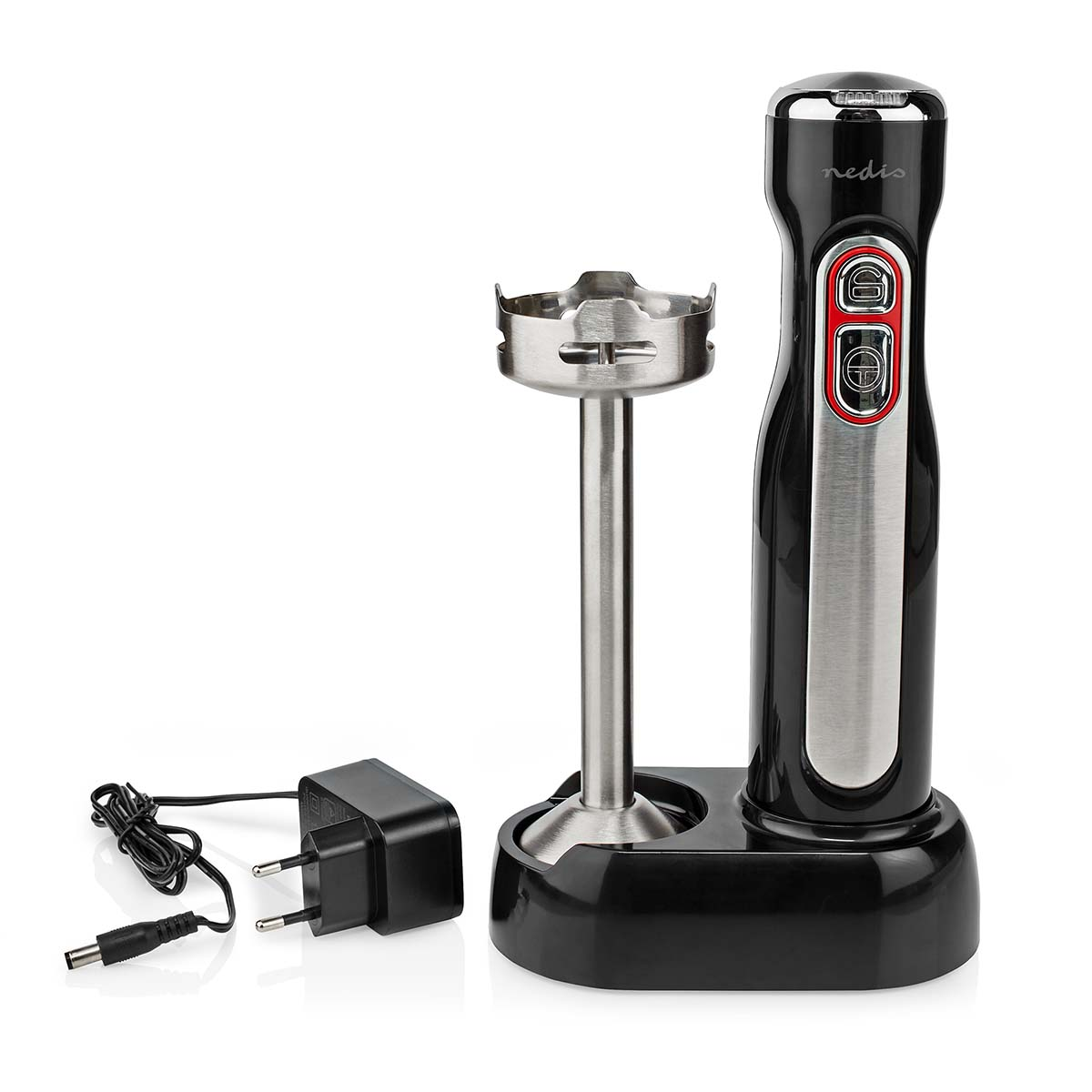 Czarny i srebrny blender ręczny z ładowarką i stojakiem.