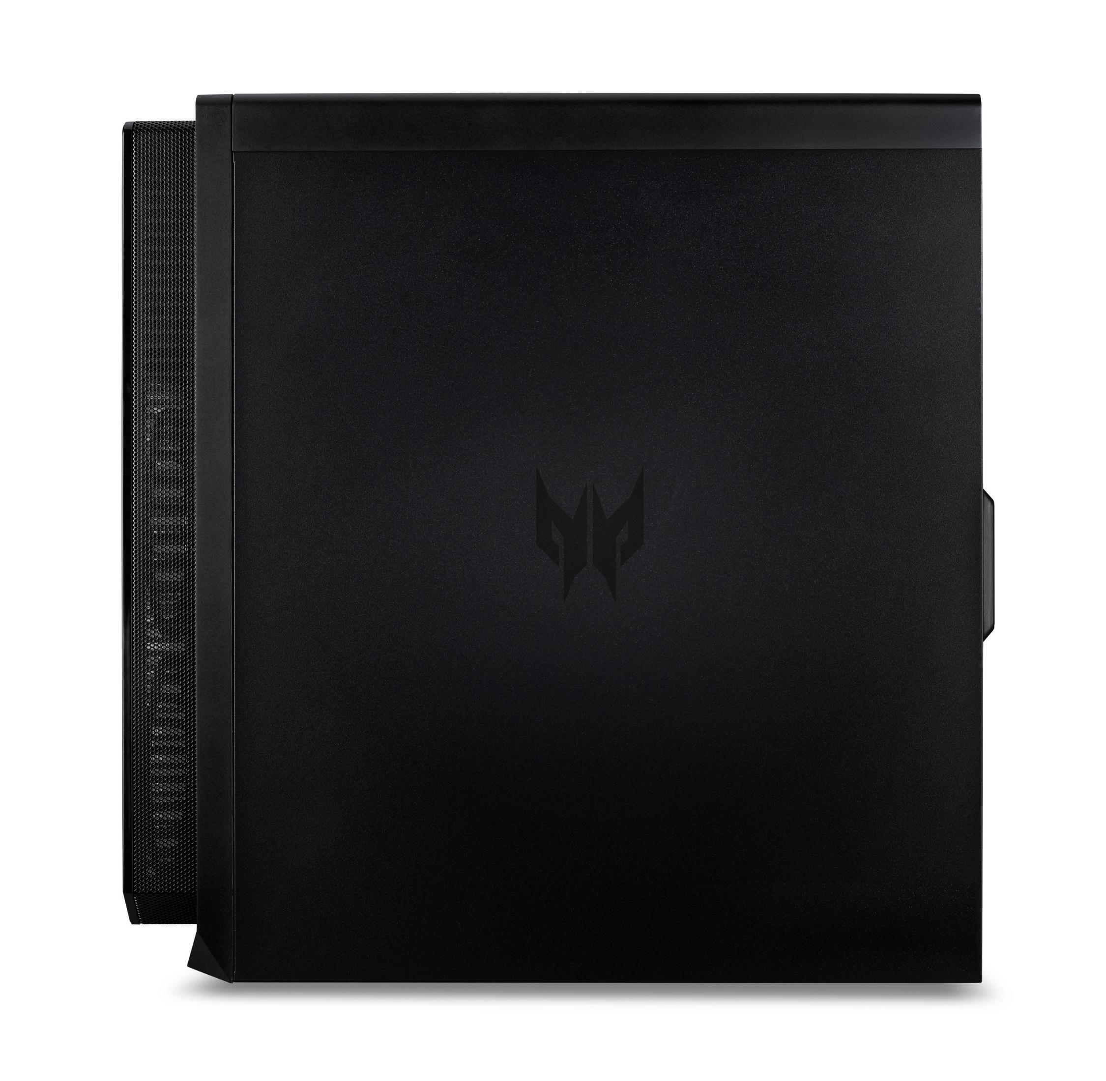 Ein schwarzes Computergehäuse mit dem Predator-Logo auf der Vorderseite.