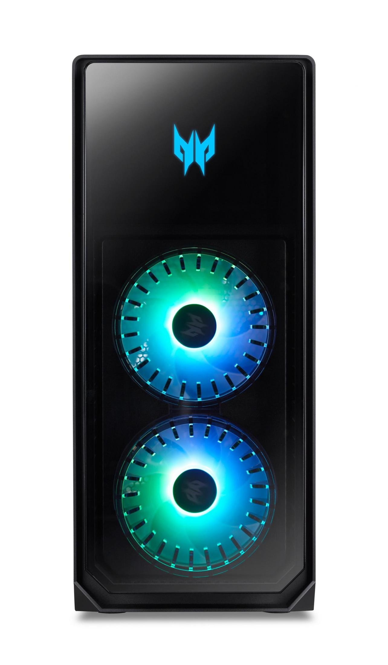 Schwarzes Computergehäuse mit blauer und grüner Innenbeleuchtung. Das Gehäuse hat ein Predator-Logo.