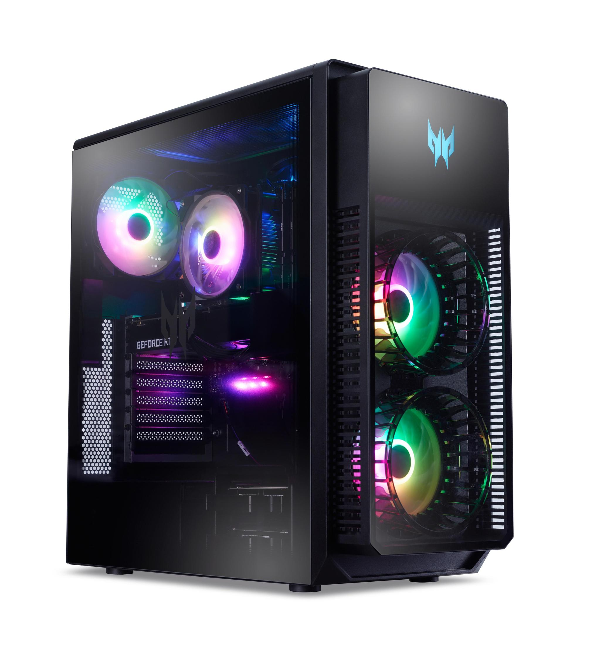 Un PC da gioco nero con ventole e luci RGB e un pannello laterale in vetro, su sfondo bianco.