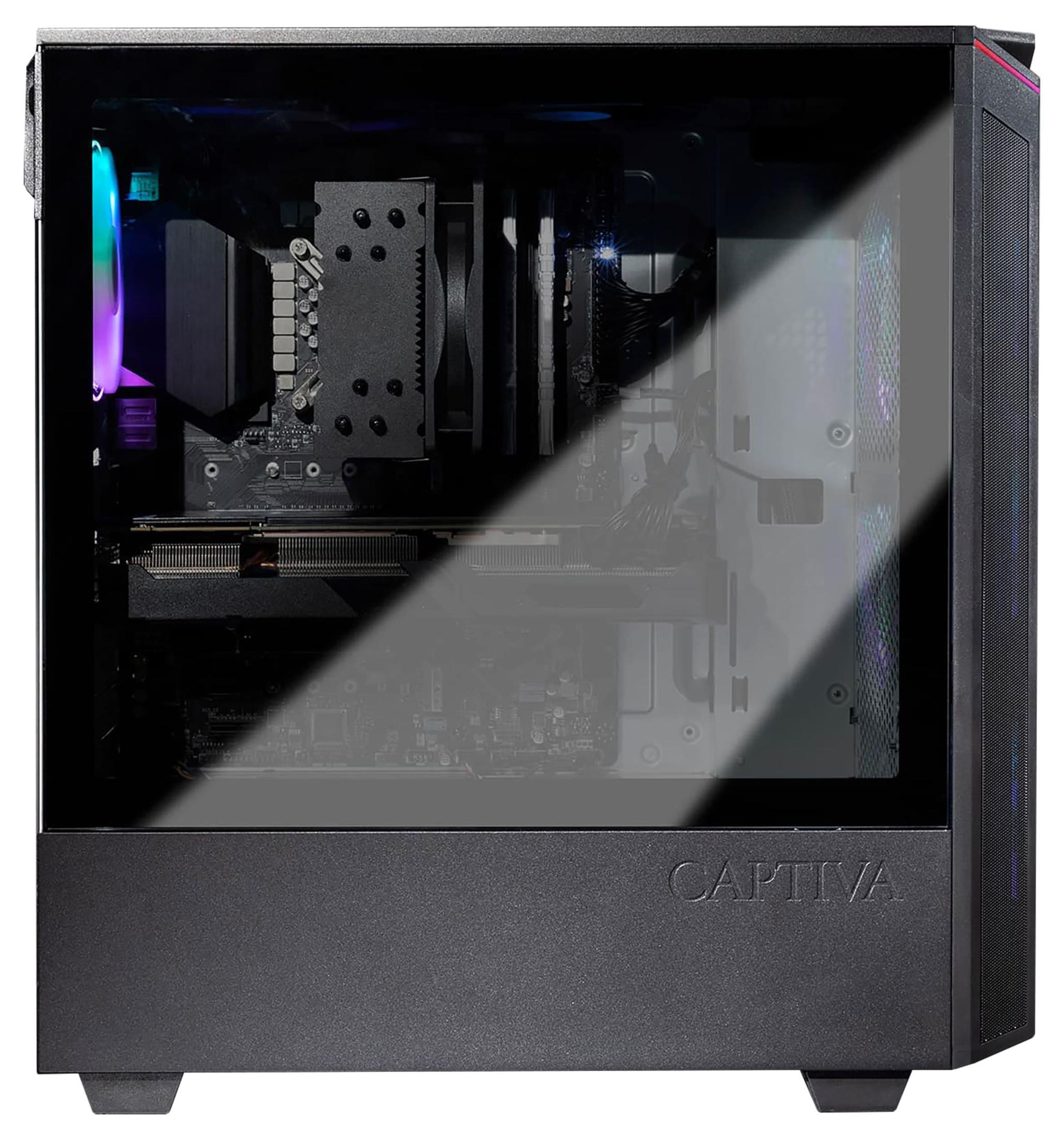 Ein schwarzes Computergehäuse mit Glasplatte. Im Inneren befinden sich Komponenten.
