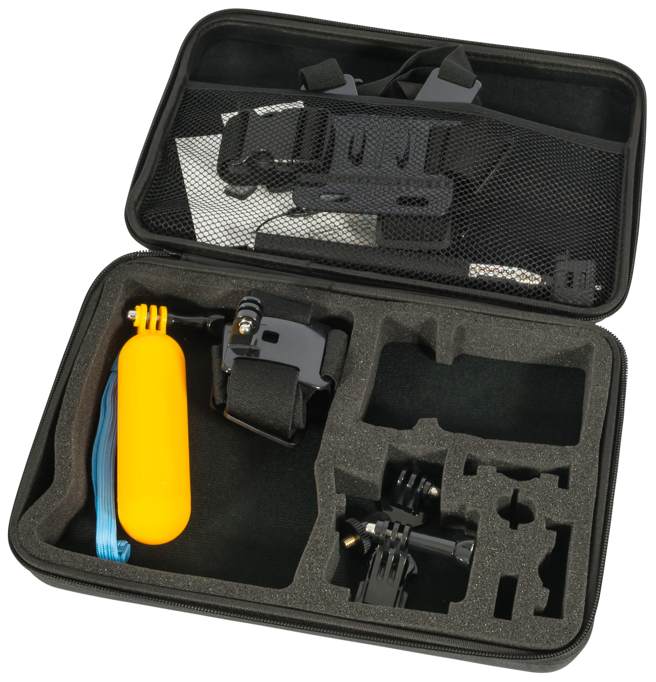 Zwarte koffer met accessoires voor actiecamera's, waaronder een gele drijver. Zwarte achtergrond.