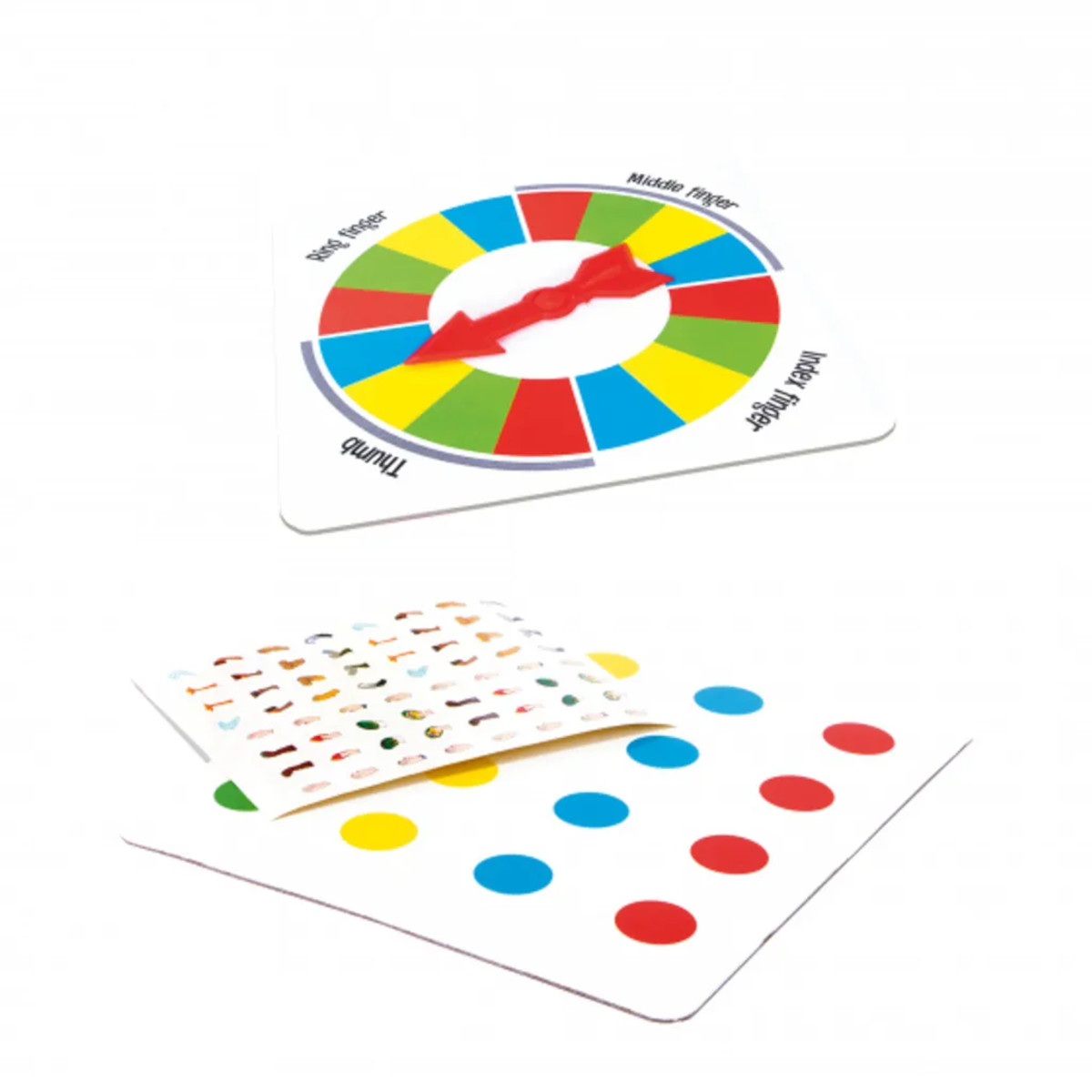 Twister-Spiel-Spinner und -Matte mit farbigen Kreisen und Punkten.