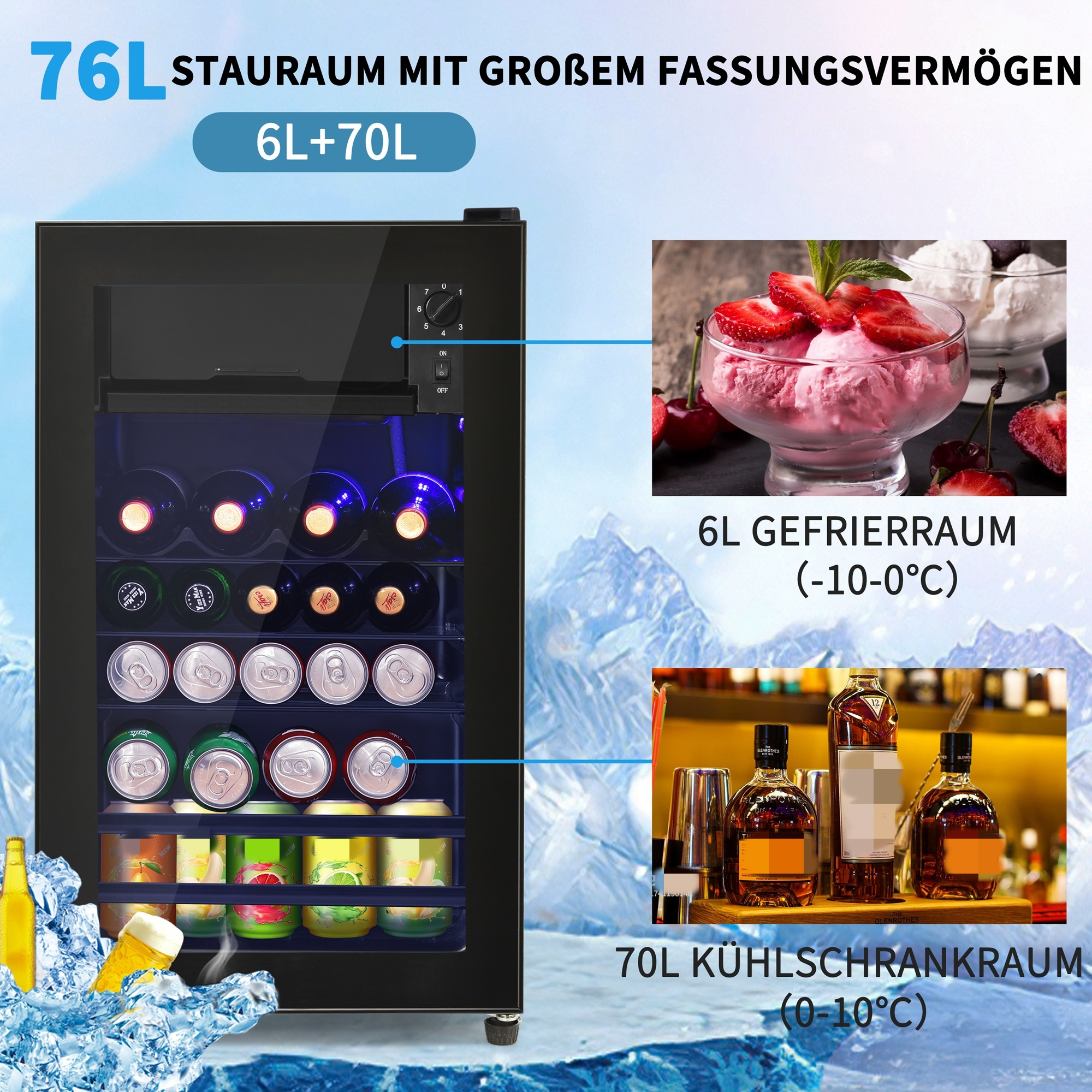 Kühlschrank mit Wein und Getränken innen und Eiscreme und Spirituosen im Hintergrund.