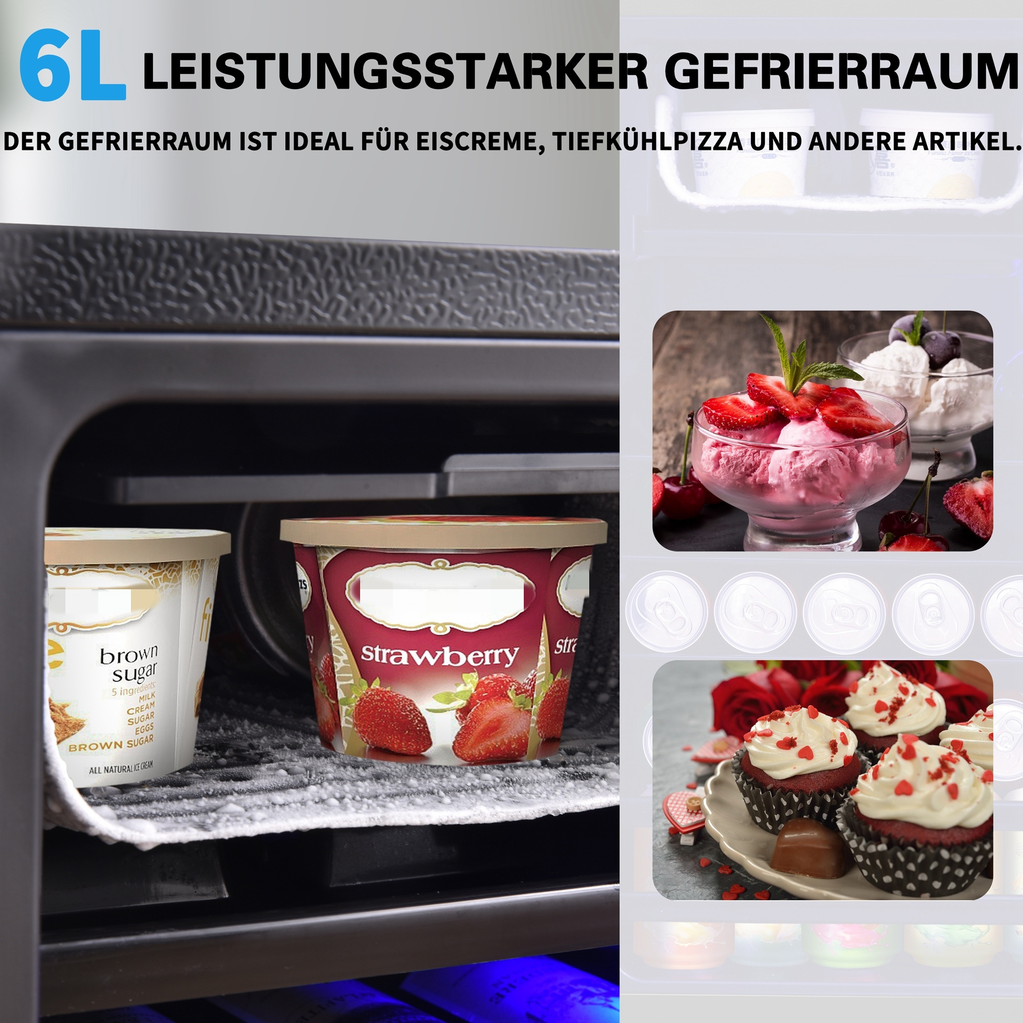 Kühlschrank-Innenraum mit Eiscreme, Cupcakes und anderen Artikeln. Text: 6L, Eiscreme, Pizza.