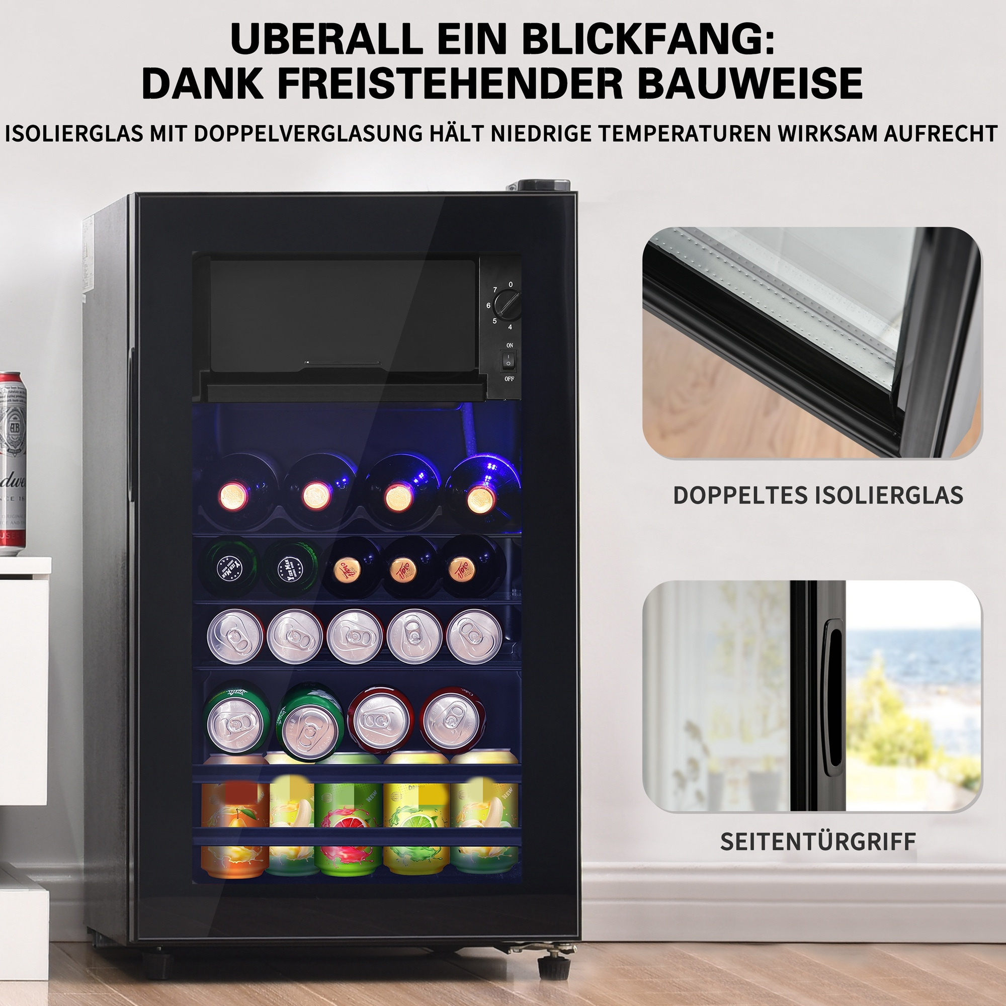 Schwarzer Kühlschrank mit Glastür, gefüllt mit Getränken. Weinflaschen und Dosen, seitlicher Türgriff.