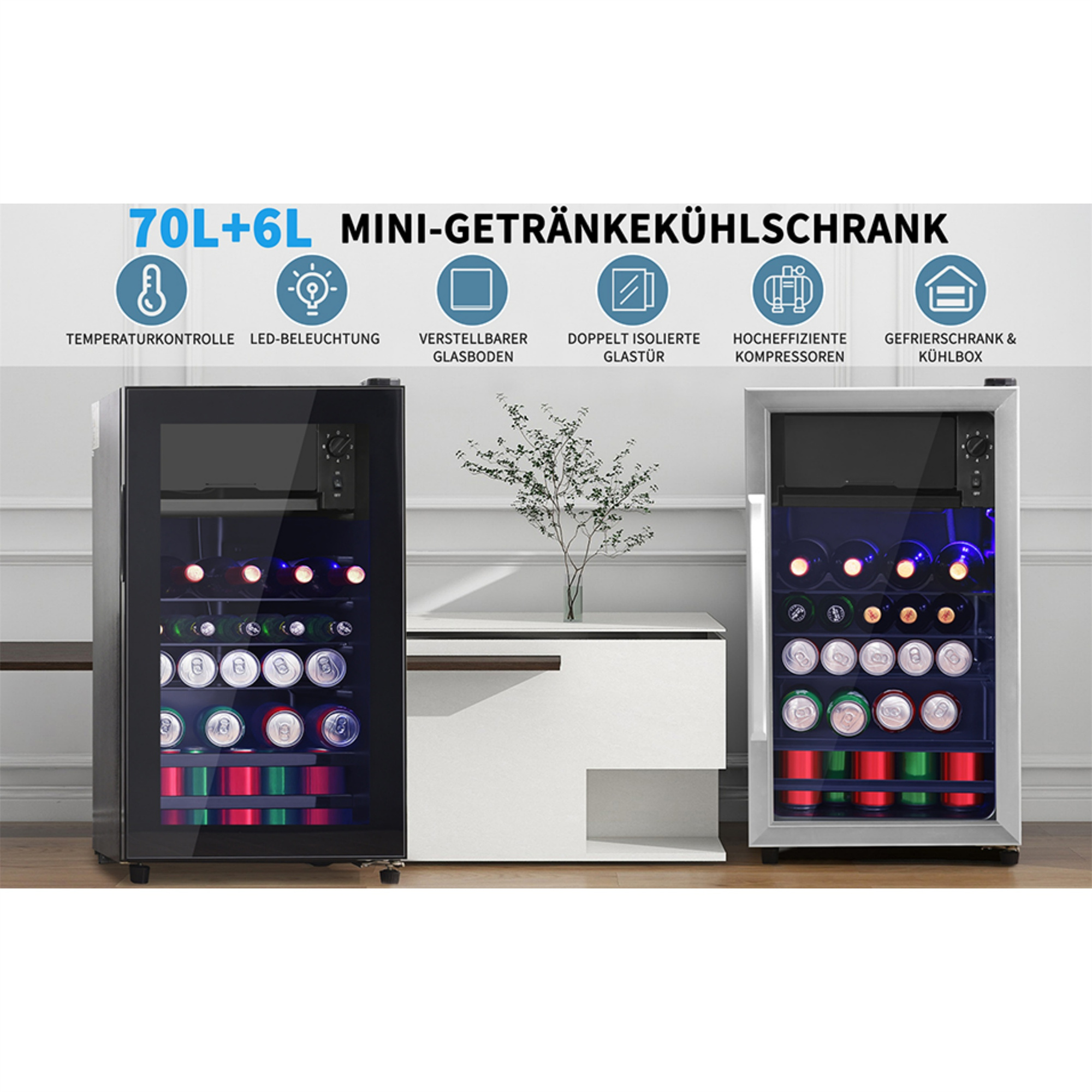 Zwei Mini-Kühlschränke mit Dosen und Flaschen. Text sagt 'Mini-Getränkekühlschrank'.
