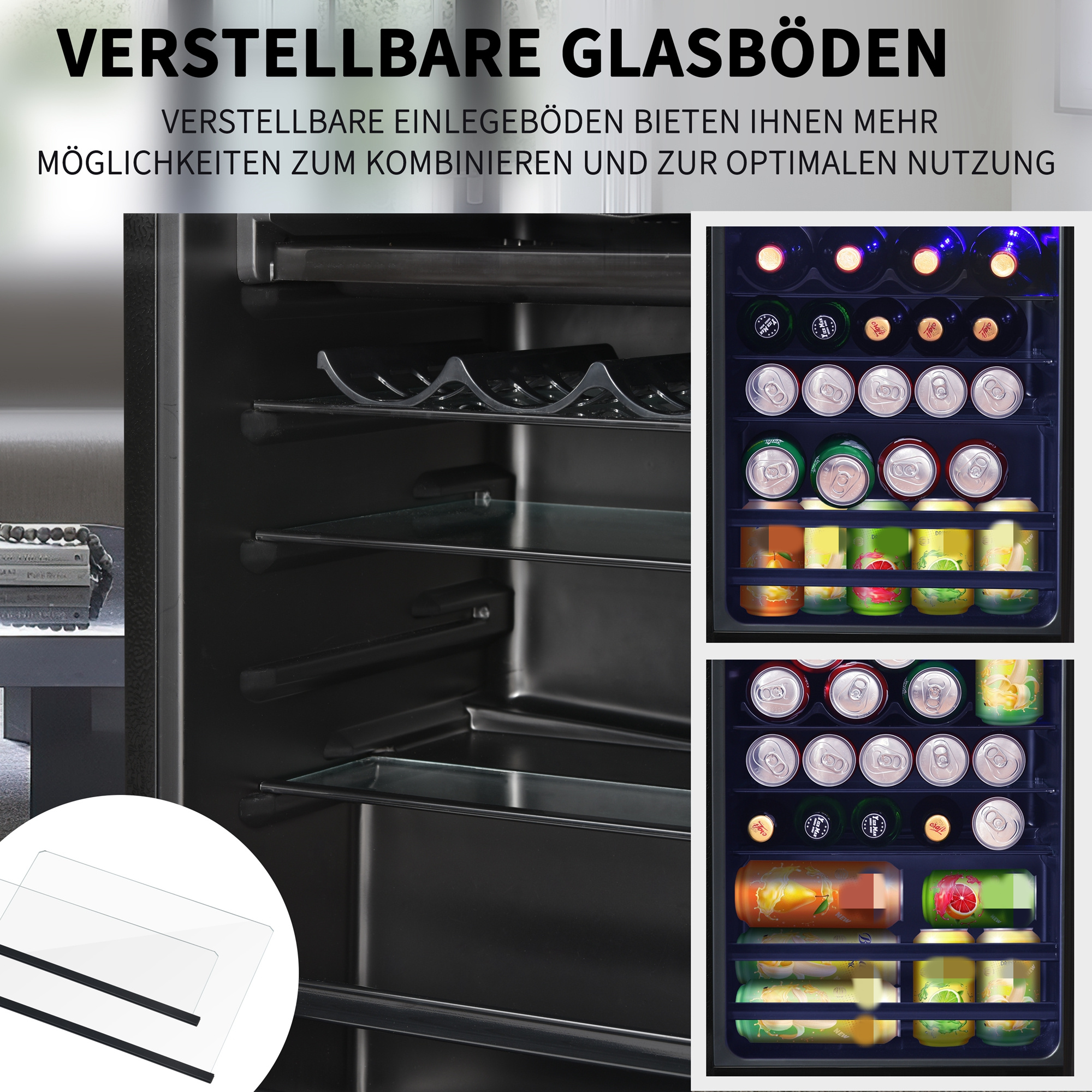 Kühlschrankregale mit Glasböden, Dosen und Flaschen. Die Regale befinden sich im Kühlschrank.
