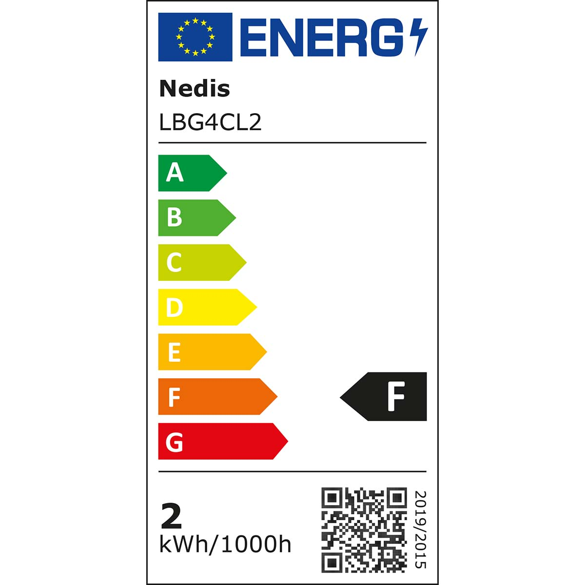 Etichetta energetica che mostra una valutazione F, con altre visibili.
