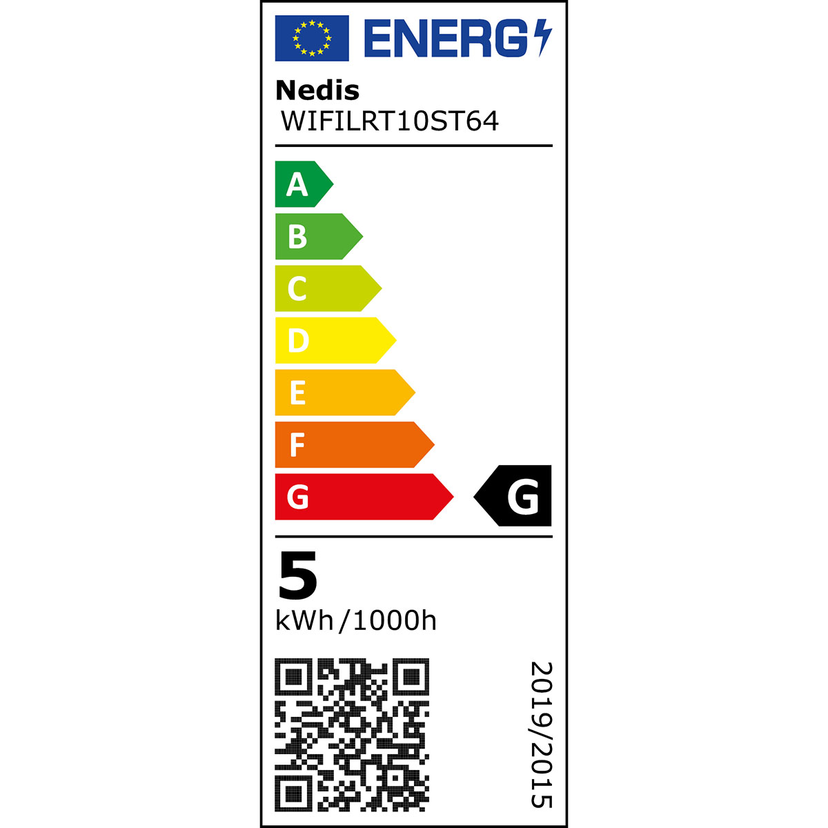 Etichetta energetica per una lampadina. Mostra la classe G e 5 kWh/1000h.