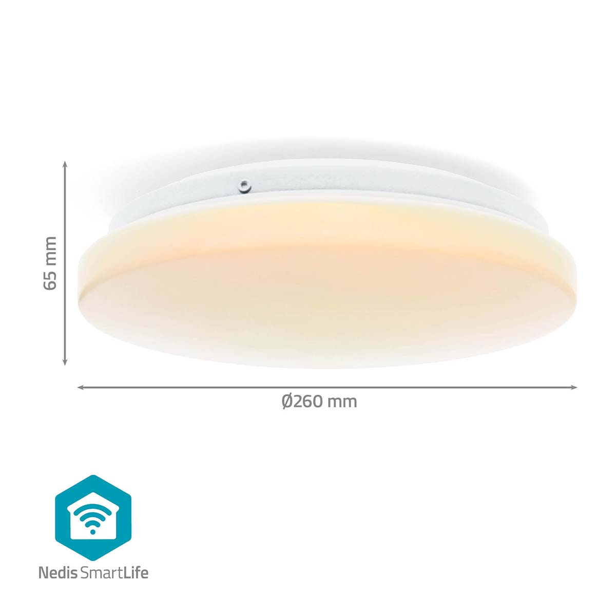 Un apparecchio di illuminazione a soffitto rotondo e bianco con dimensioni e un logo.