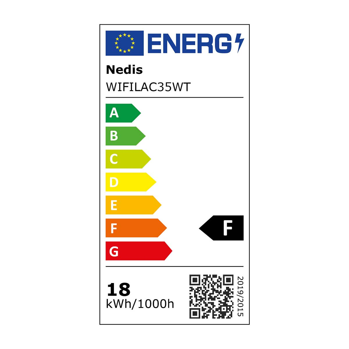 Un'etichetta energetica di Nedis con classe energetica F, che mostra il consumo di kWh.