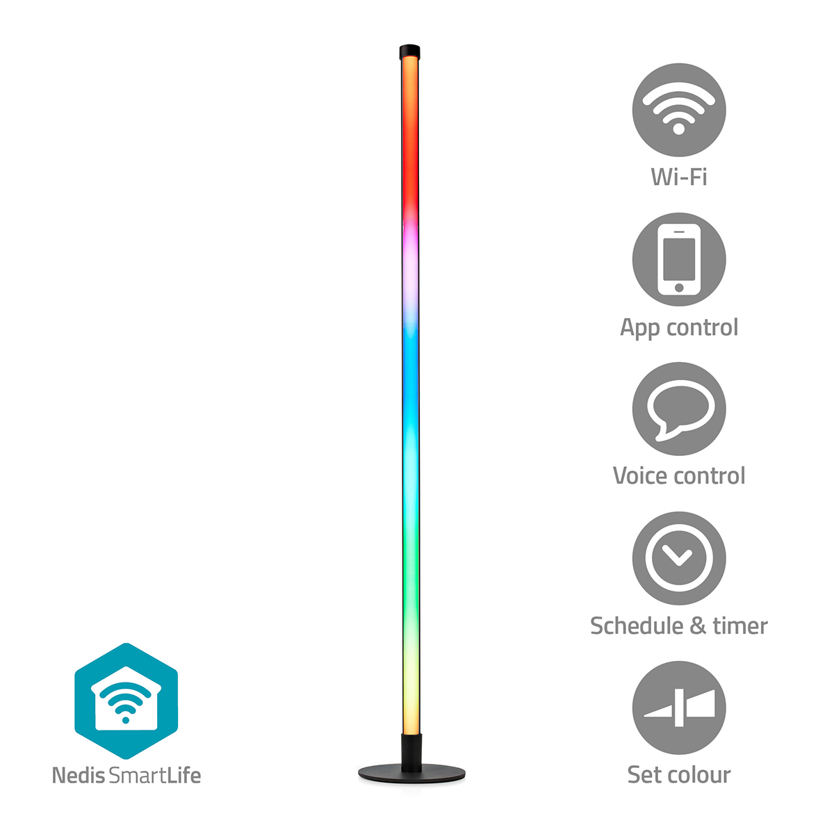 Une lampe LED haute, changeant de couleur, avec des icônes de contrôle à droite.
