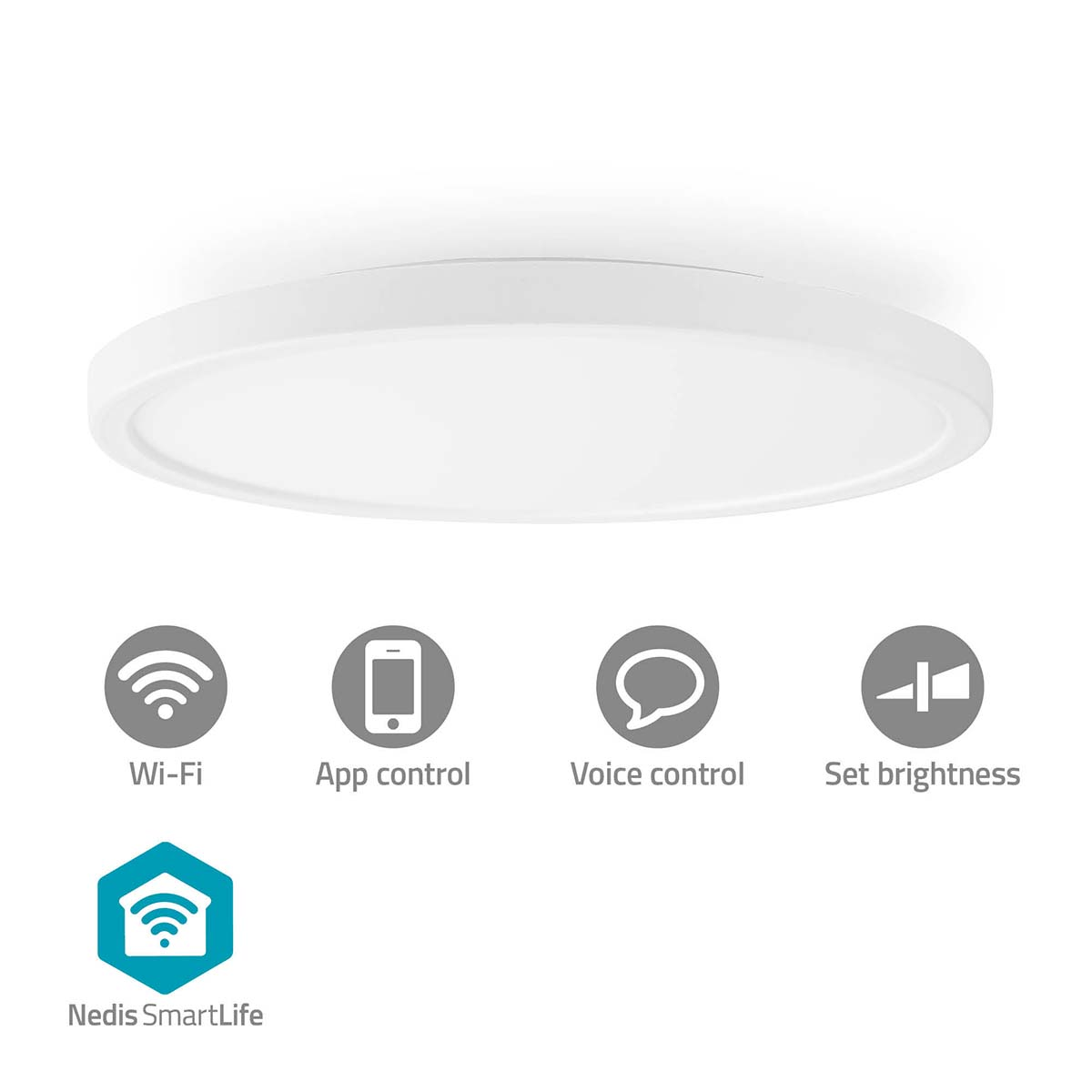 Une lumière circulaire blanche avec texte : Wi-Fi, contrôle de l'application, commande vocale, régler la luminosité.