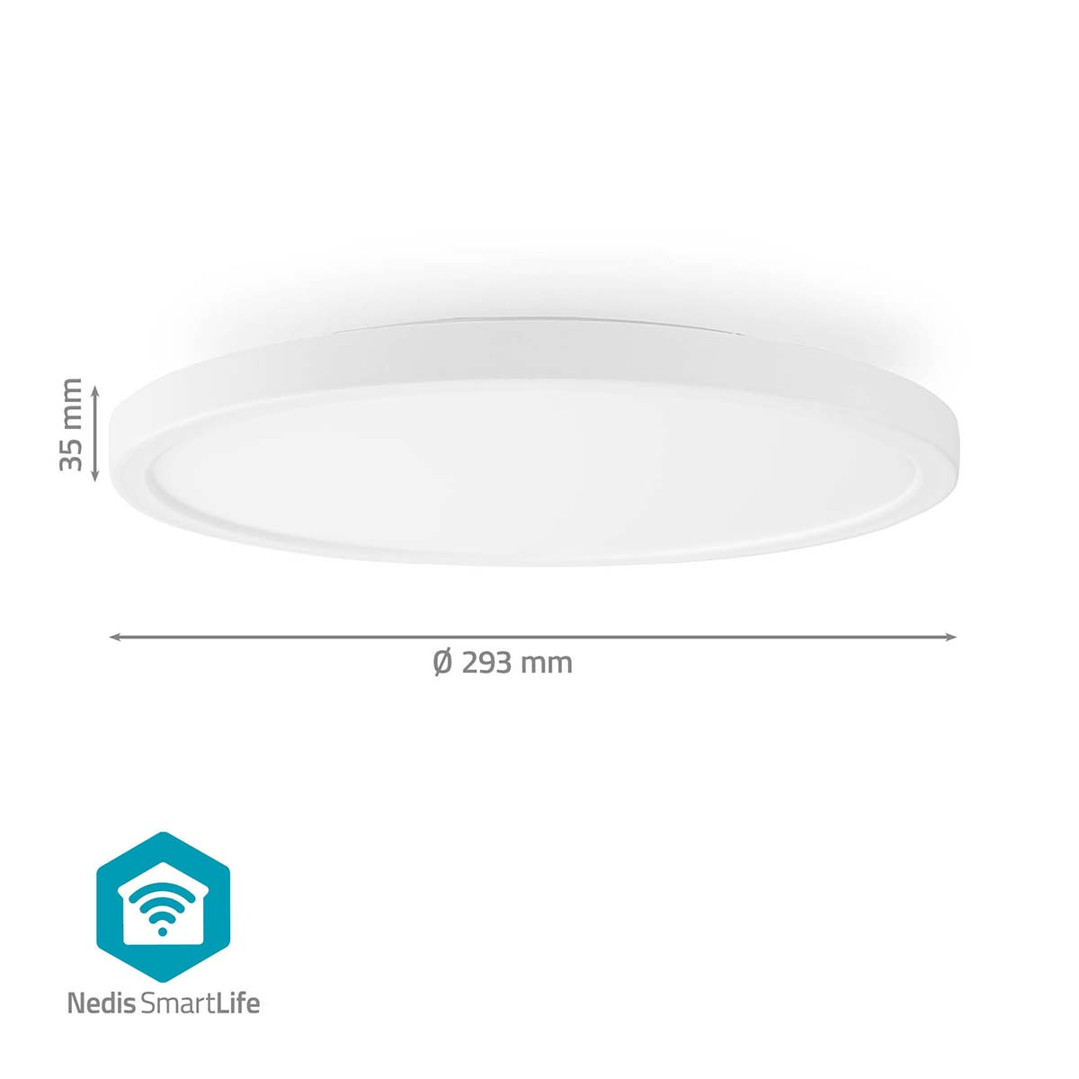 Un plafonnier blanc et rond avec des dimensions et un logo Nedis SmartLife.